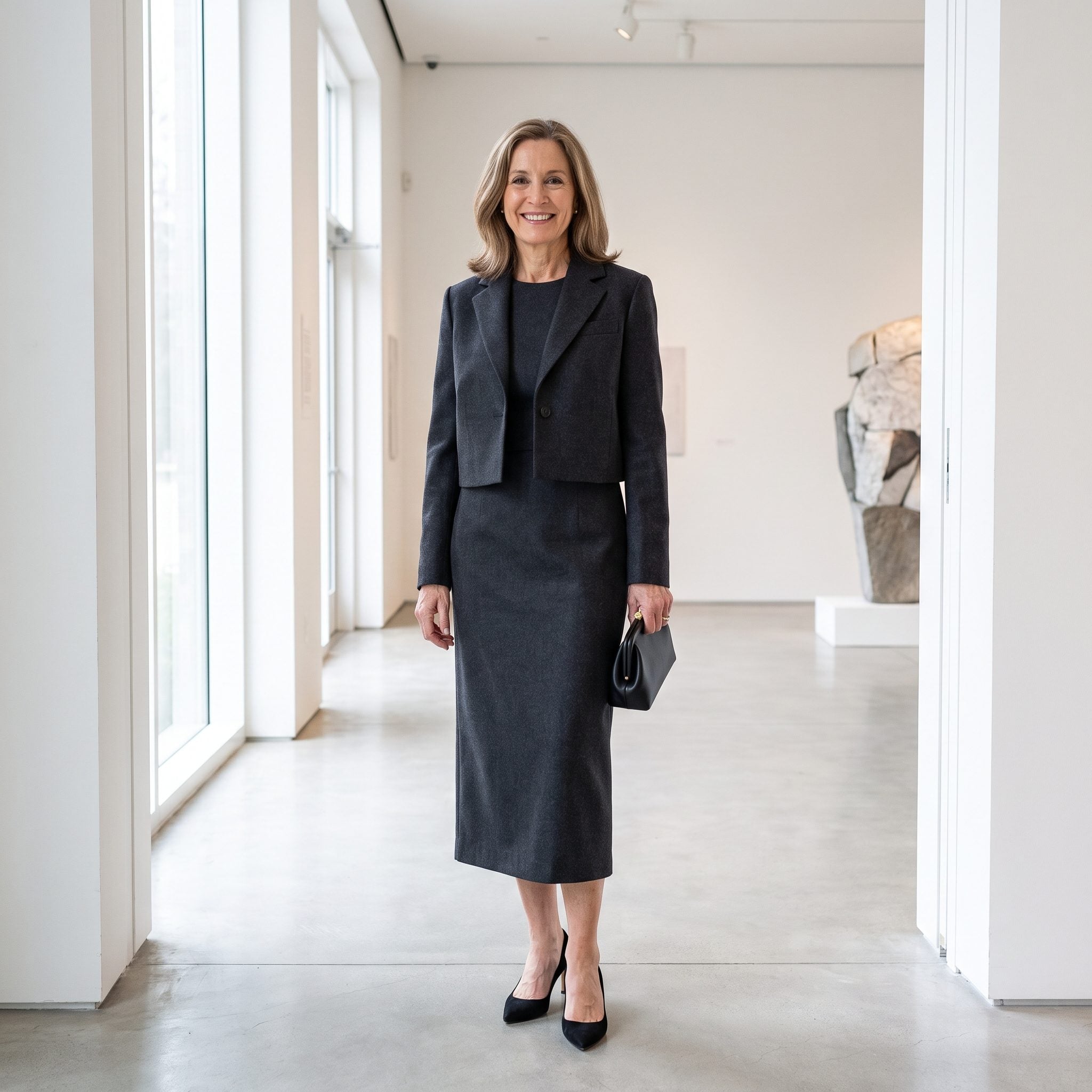 Cropped Jacket + Straight Column Dress, One Long Vertical