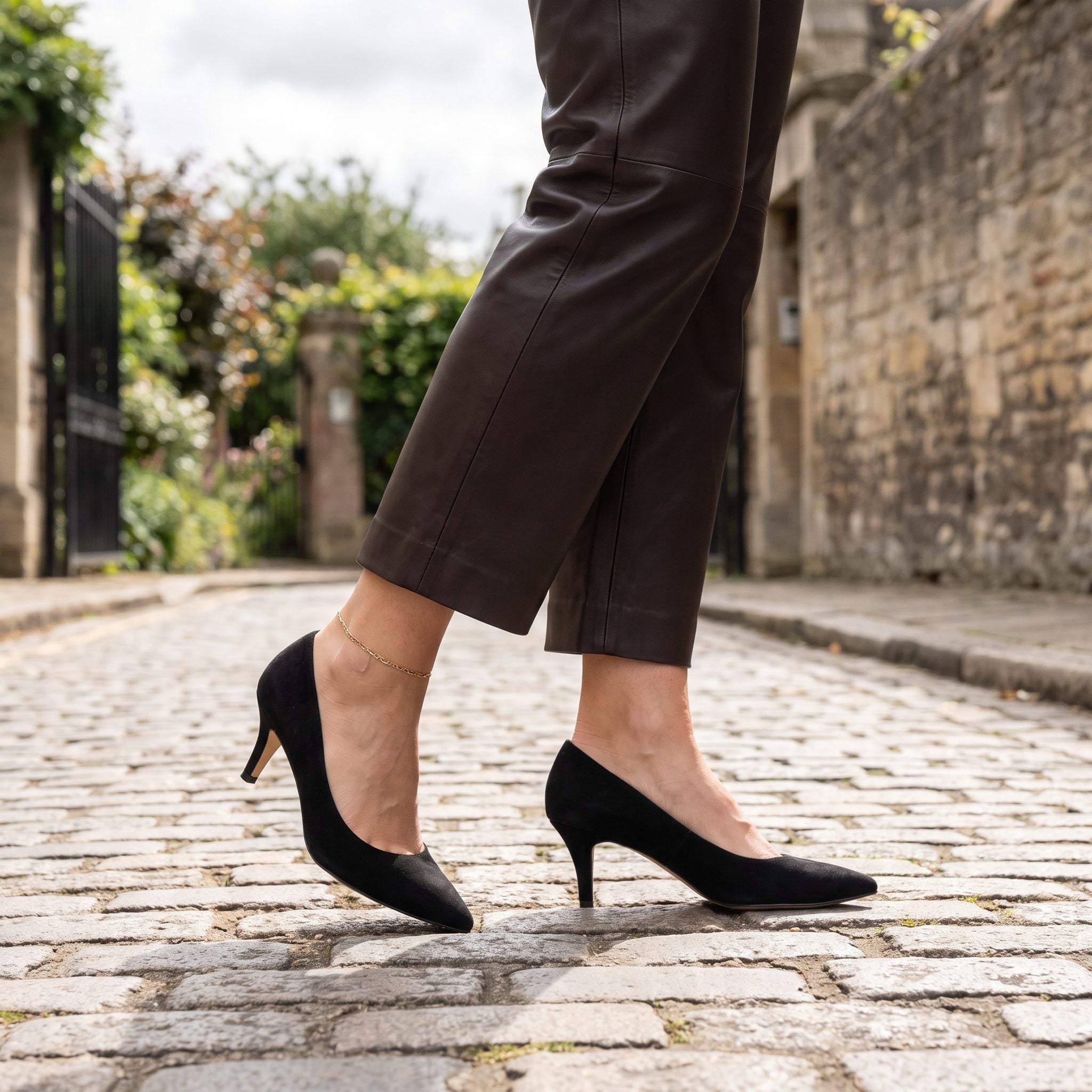 Cropped Leather Trousers + Kitten-Heel Pumps