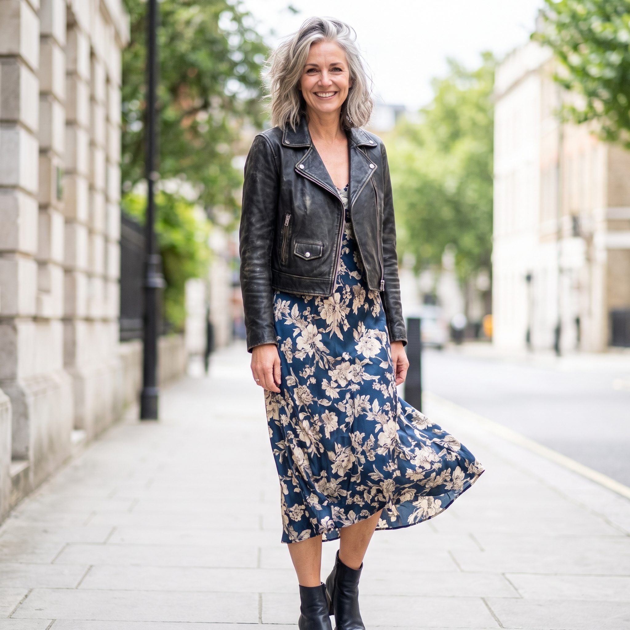 Woman in a cropped black moto jacket over an emerald midi dress with heeled boots, jacket ending at the dress waistline.