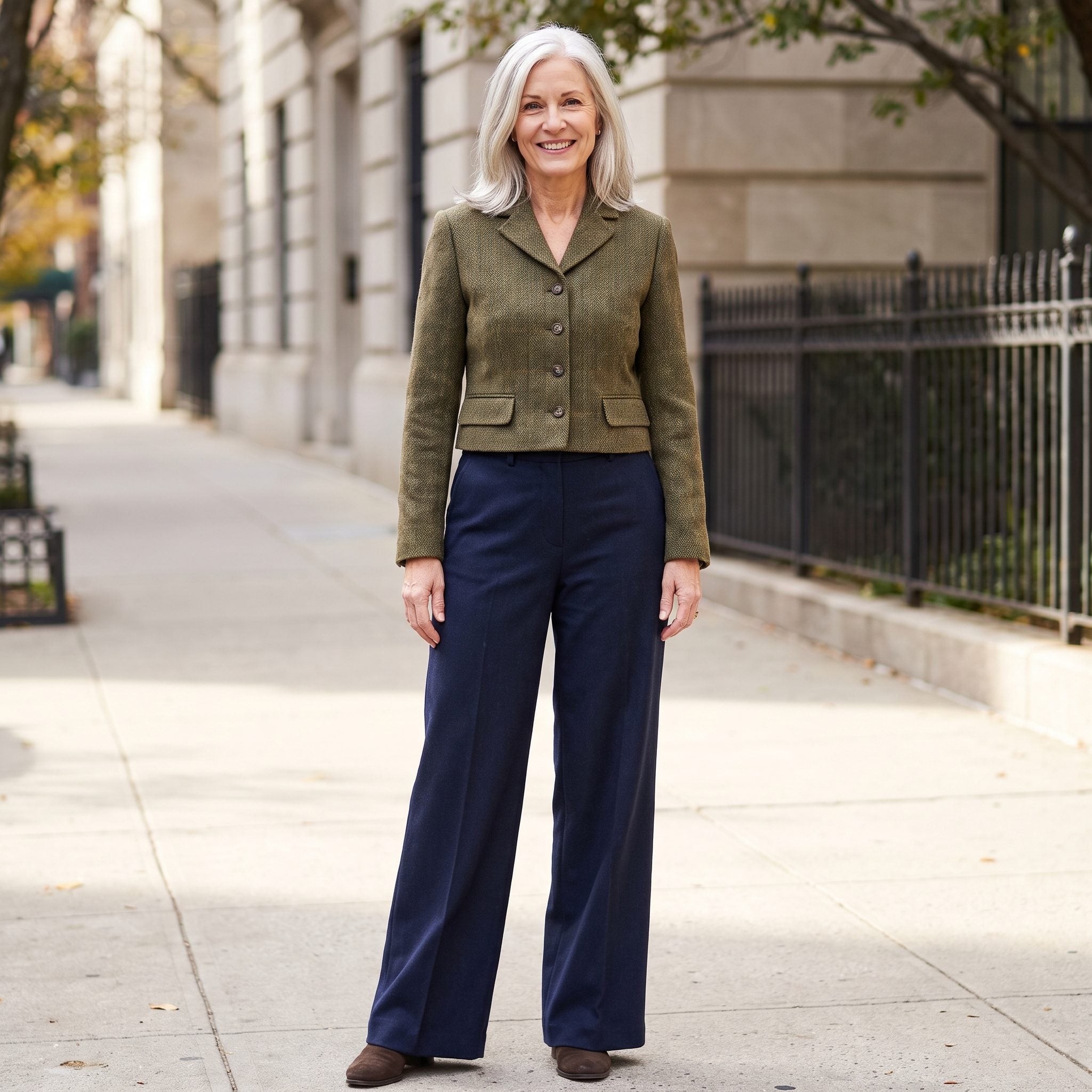 Cropped Tweed Jacket + High-Waisted Wide-Leg Trousers