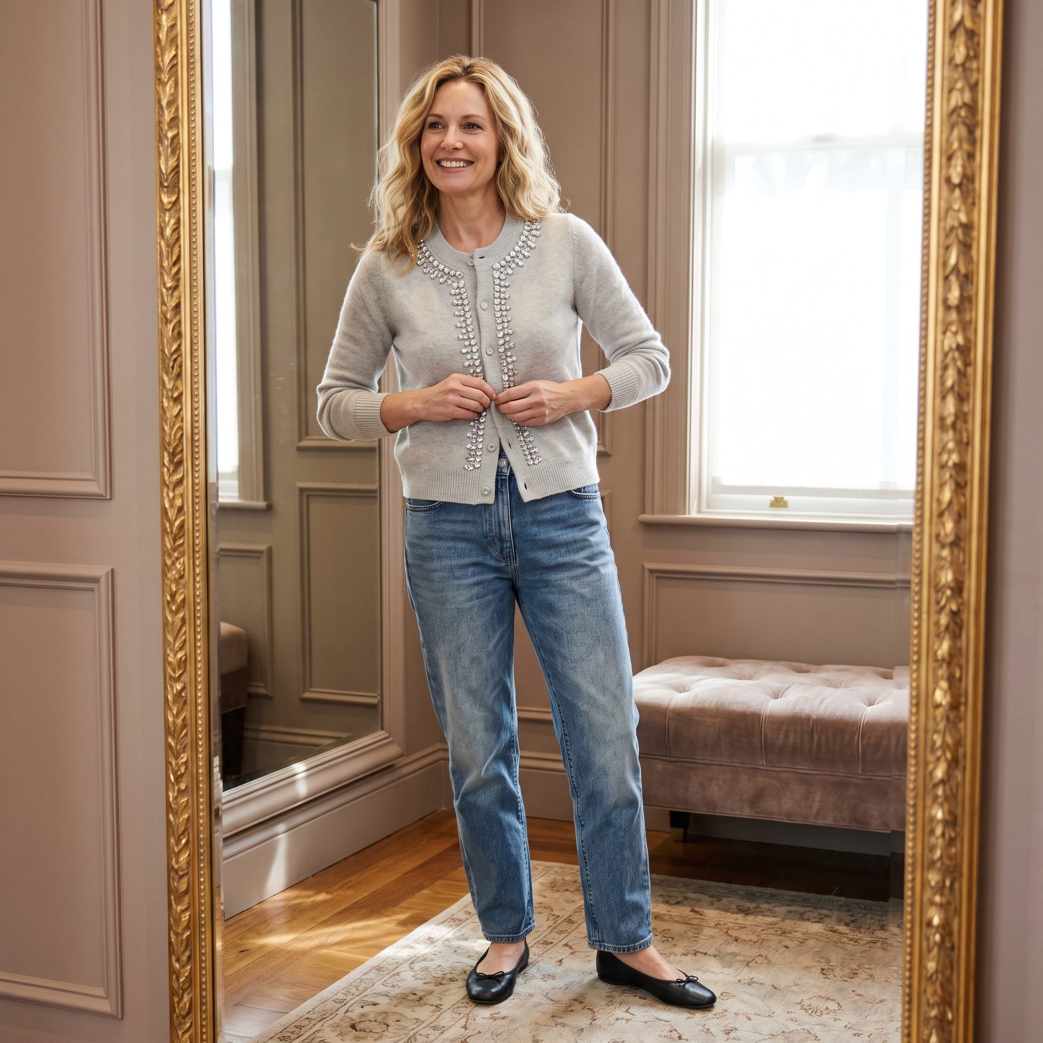Crystal Cardigan + Faded Jeans