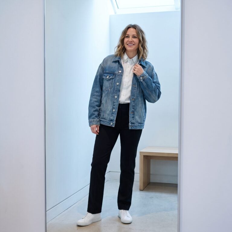 Crystal-Collar Shirt + Oversized Denim Jacket