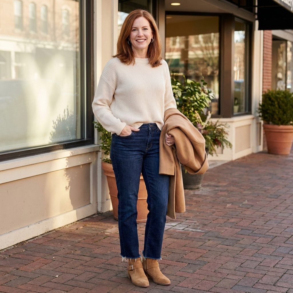 Woman in indigo jeans and cream sweater with tan buckled ankle boots, frayed denim threads hanging over the boot buckles.