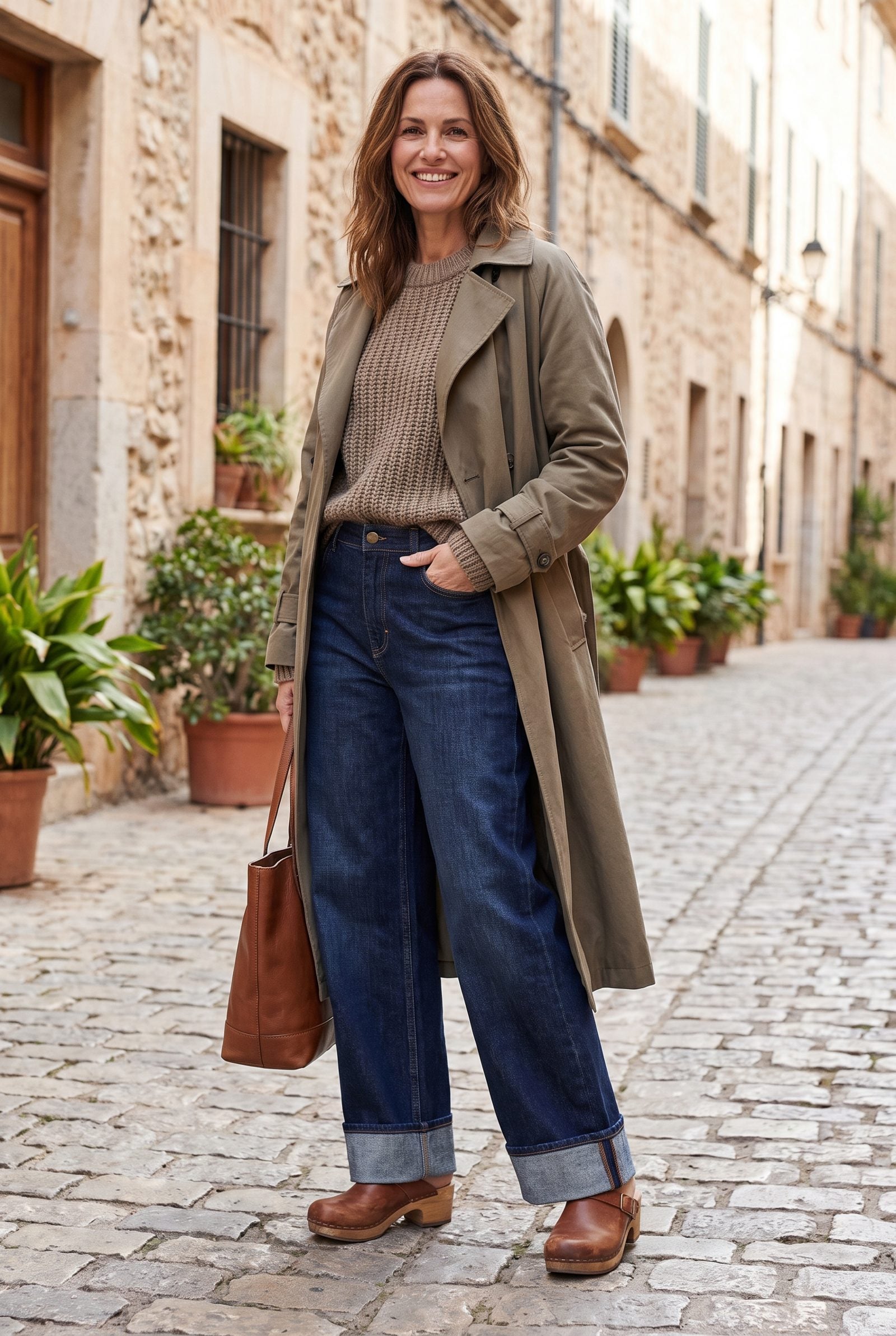 Woman in ecru wide-leg jeans and black tank, cuffed hem pooling around tan suede platform clogs.