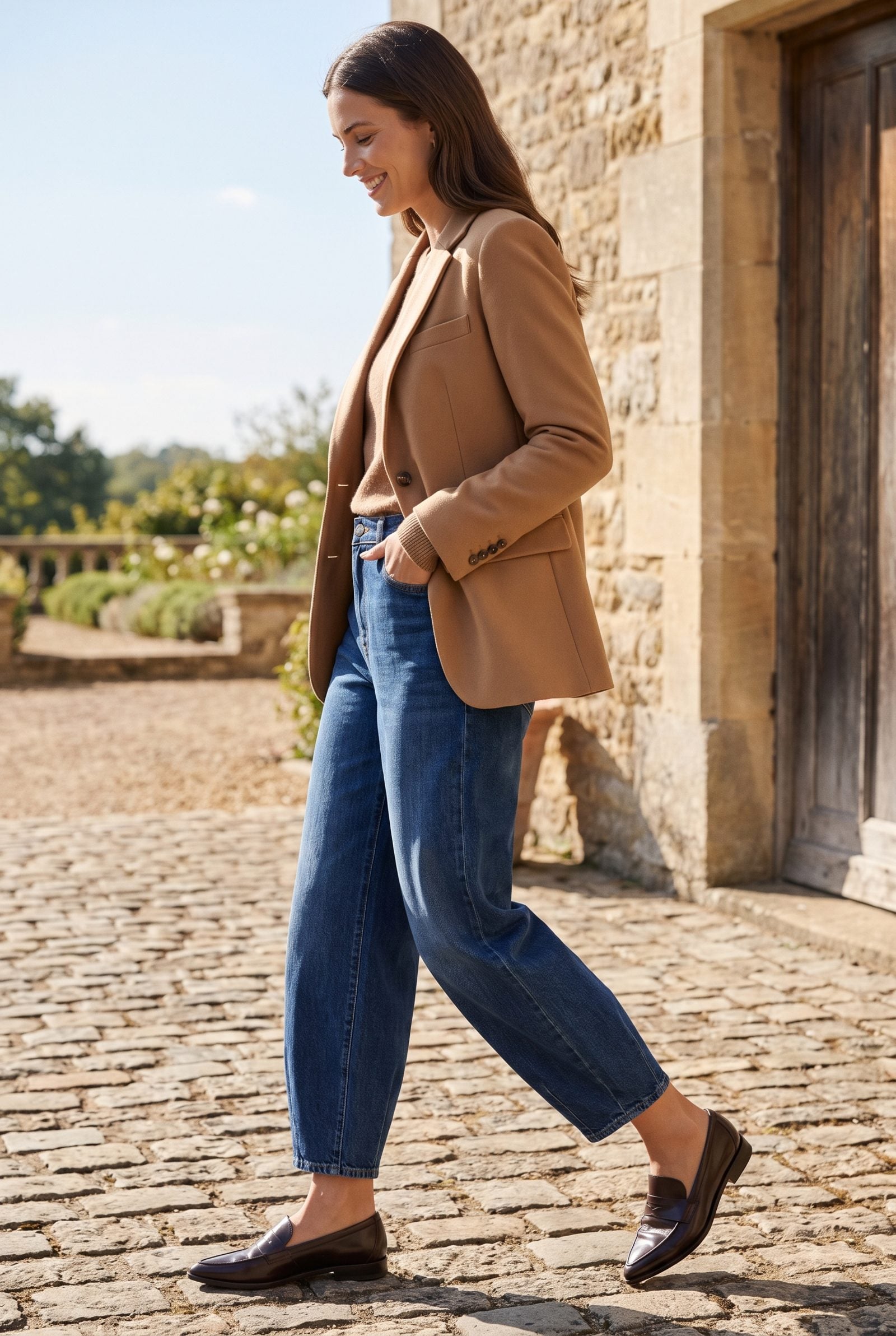 Woman in curved barrel-leg jeans and long pointed-toe tan loafers on a boutique street.