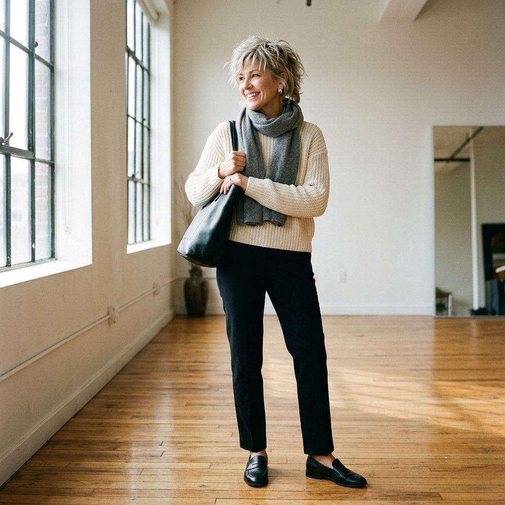 Woman in a cream knit sweater and black trousers with short choppy disconnected layers pointing different directions.