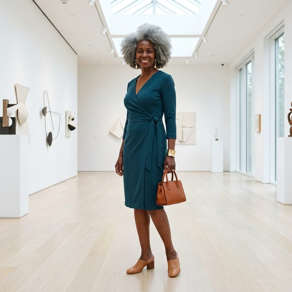 Woman aged 58 with short natural gray coily hair shaped to her own density, wearing a teal wrap dress in a bright gallery.