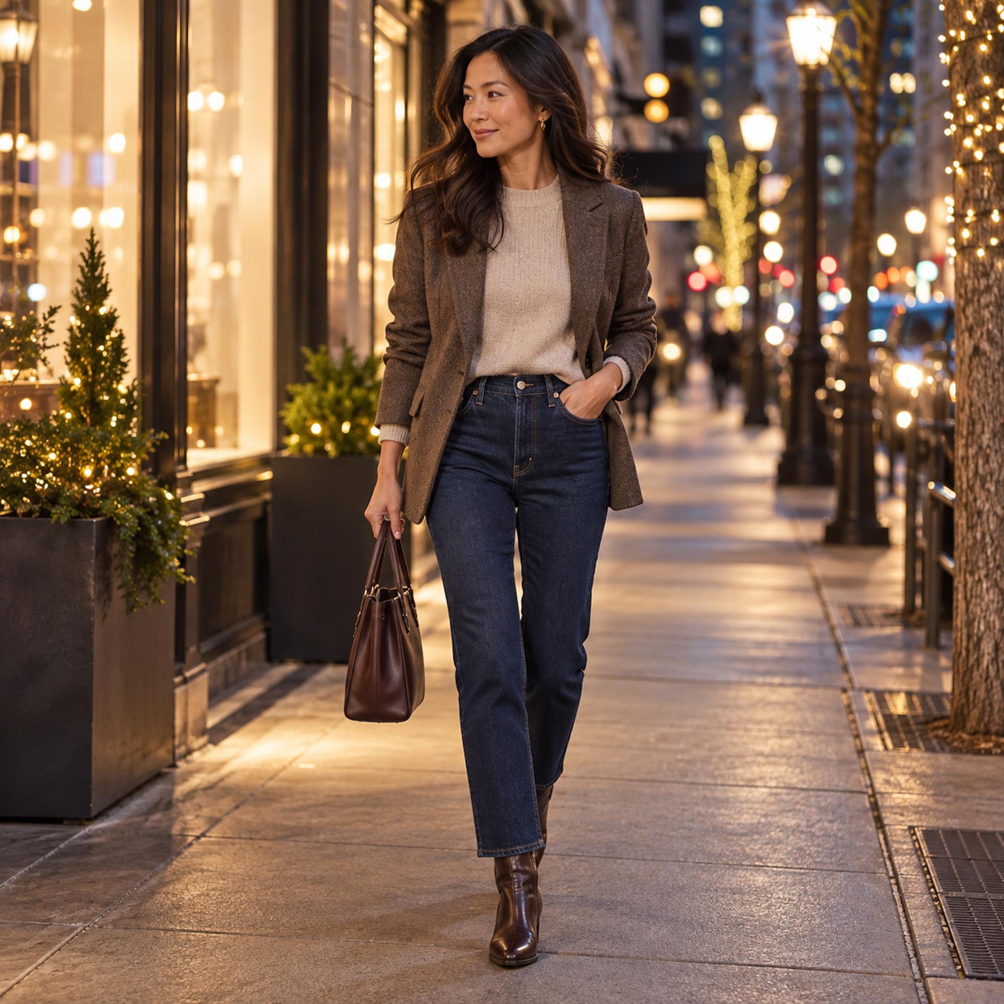Asian woman in dark-rinse straight jeans and blazer walking downtown at night