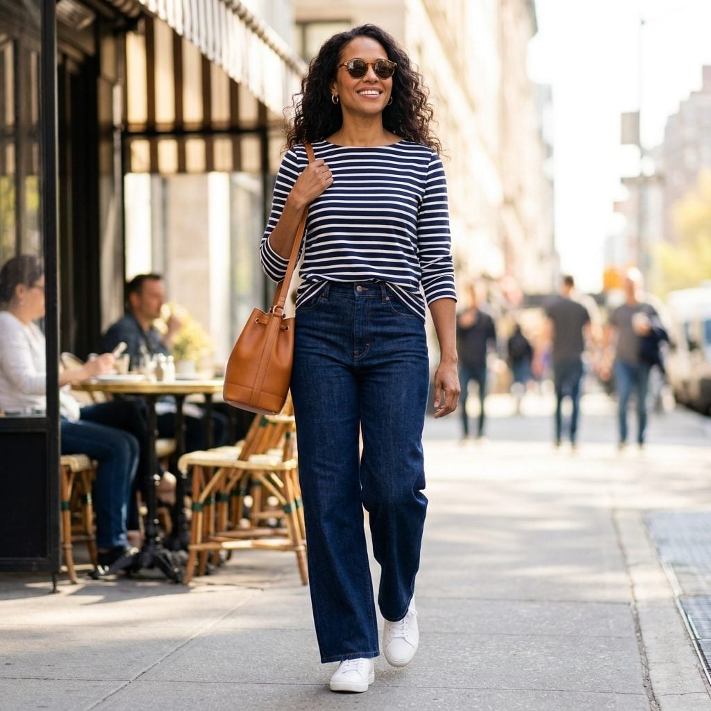Dark Indigo Wide-Leg Jeans + White Leather Low-Top Sneakers