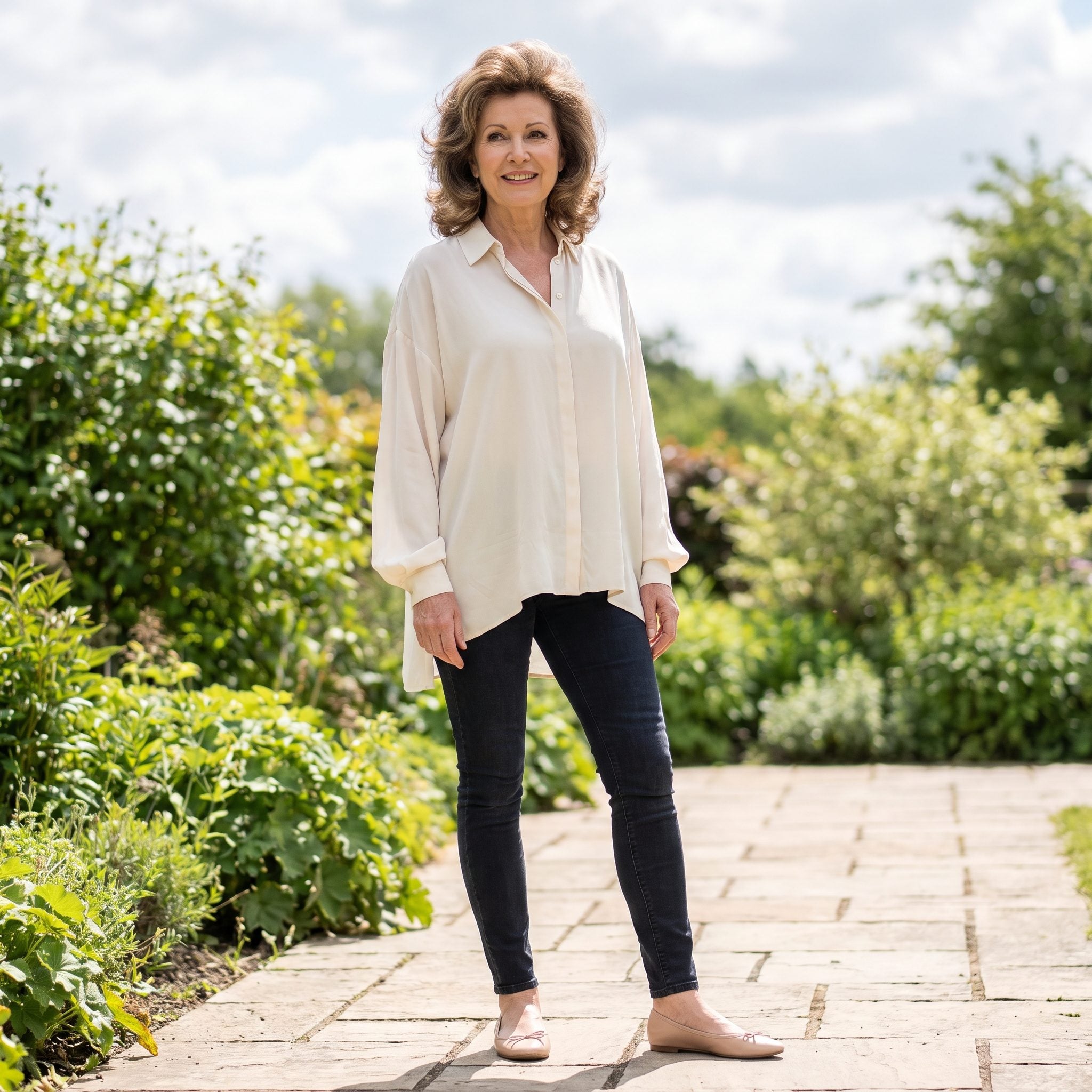 Woman in an oversized white blouse and navy skinny jeans with barely visible nude ballet flats.