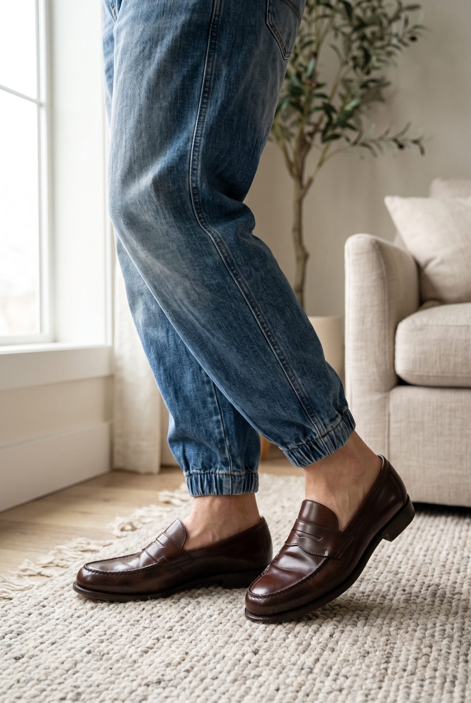 Woman in cuffed denim joggers and structured burgundy leather loafers on a townhouse street.