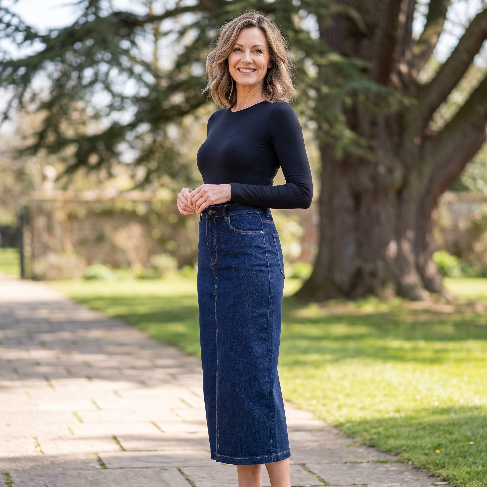 Denim Midi + Sleek Black Bodysuit