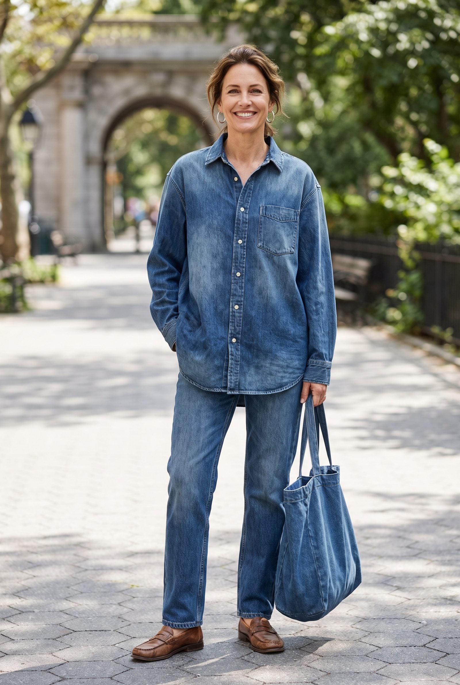 Woman in a denim shirt tucked into same-wash jeans with no belt, the matching blue creating one undefined column with no