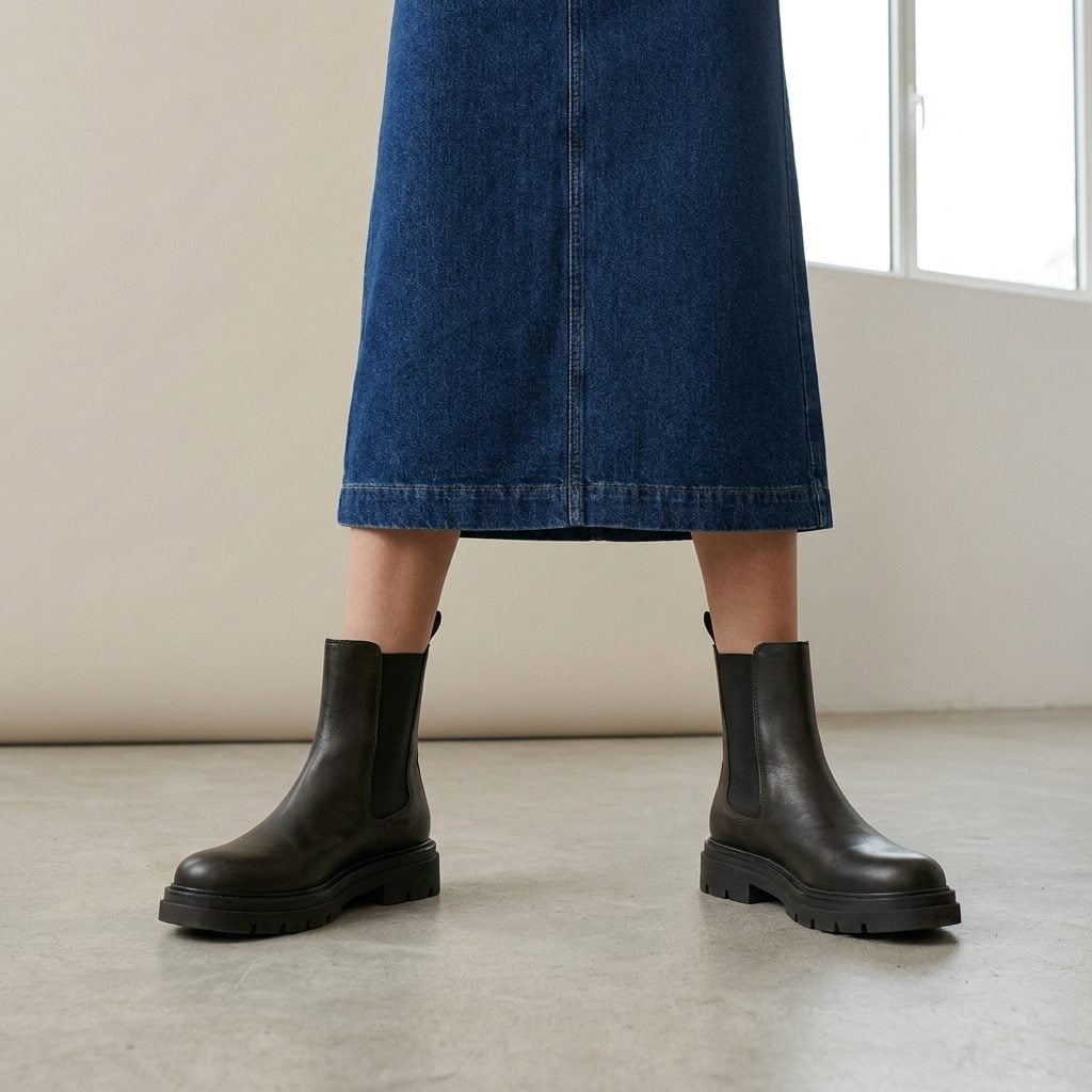 The Denim Skirt and Heavy Chelsea Boot Making Your Lower Legs Read Short and Wide