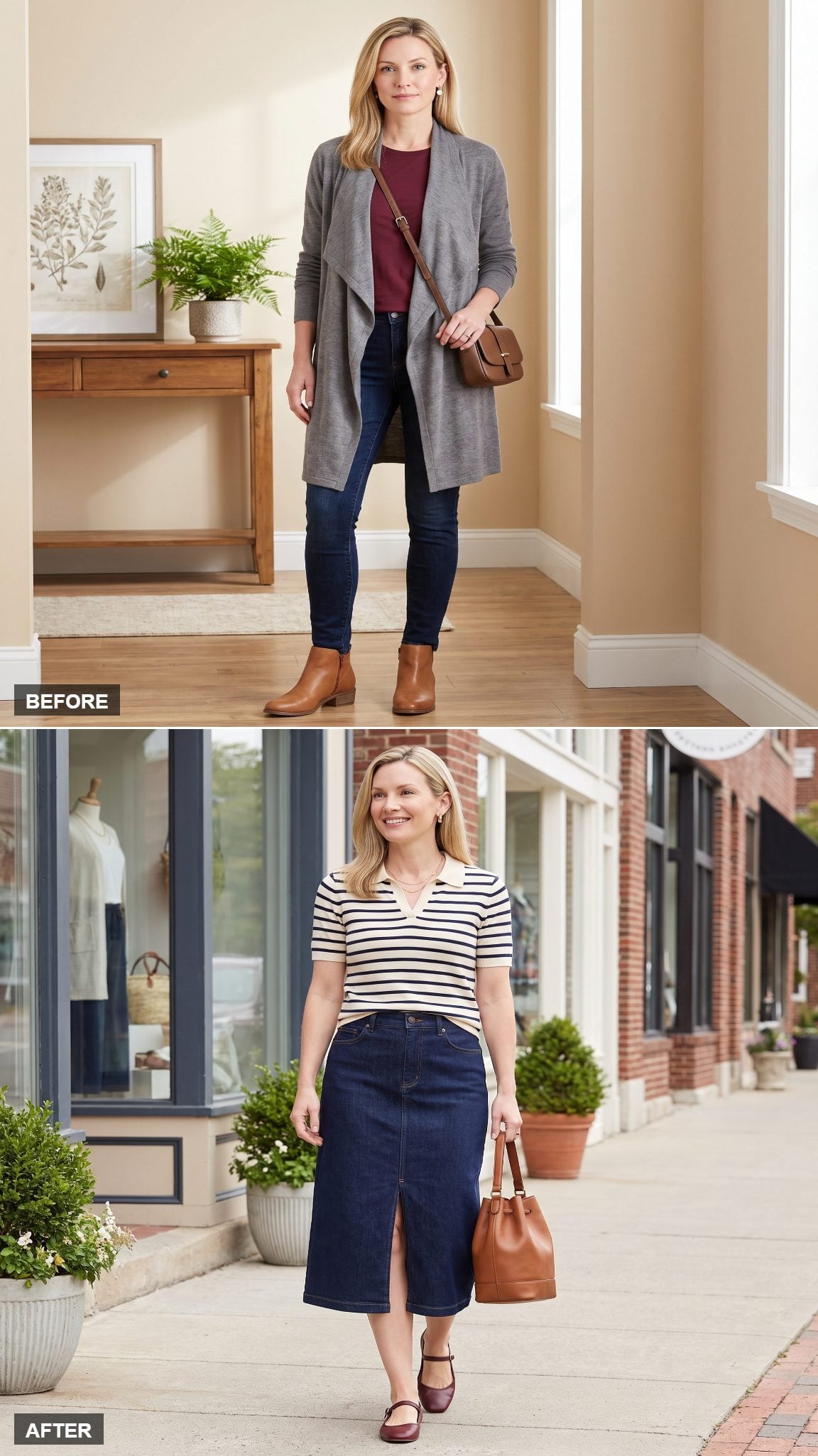 Denim Skirt, Striped Polo, and a Front Slit That Moves