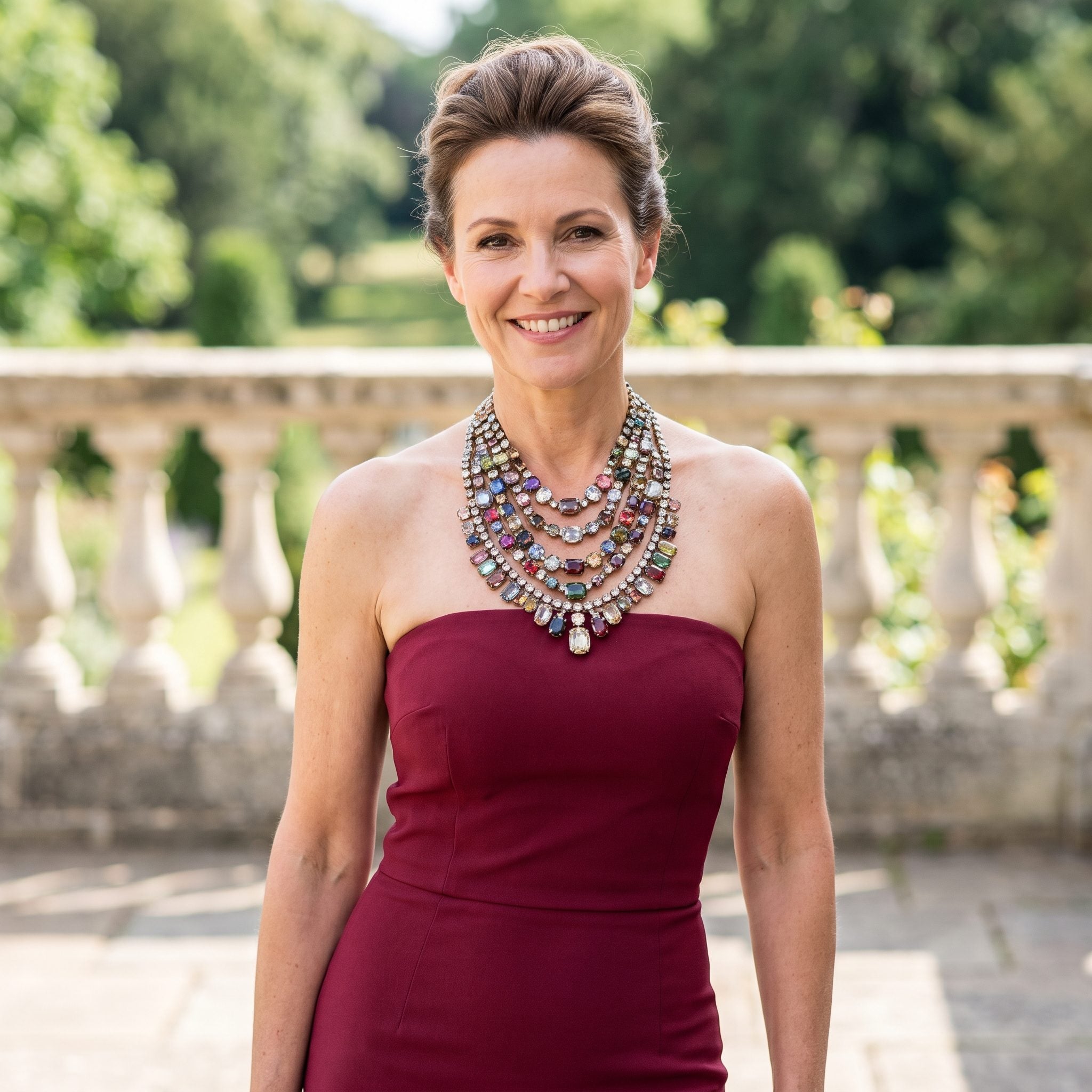 Woman in a wine-red strapless dress with a dense multi-row gemstone necklace filling the entire décolletage.