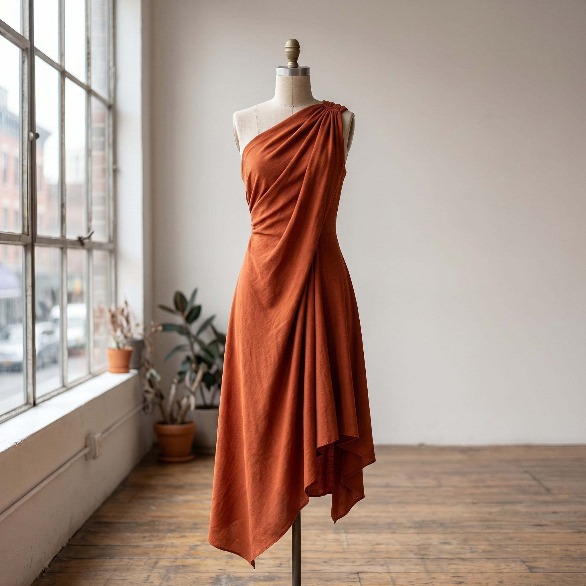 Burnt-orange designer dress with sculptural asymmetric draping