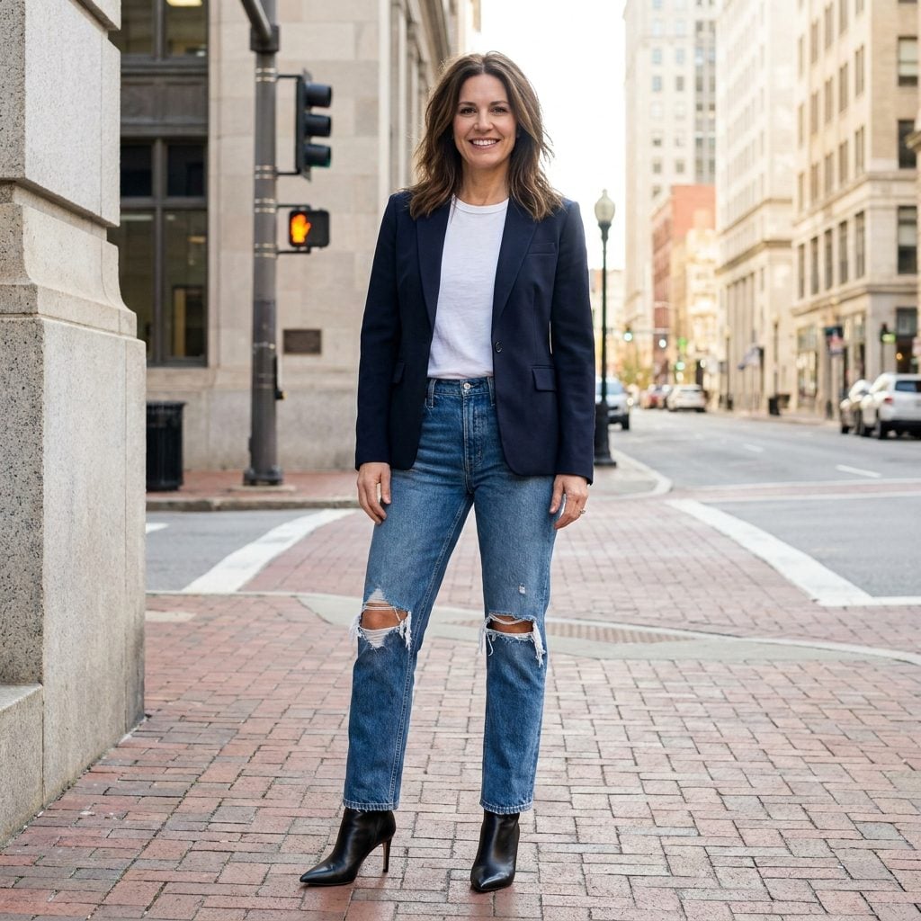 Woman in ripped-knee jeans, navy blazer and pointed heeled ankle boots, torn denim against a polished shoe.