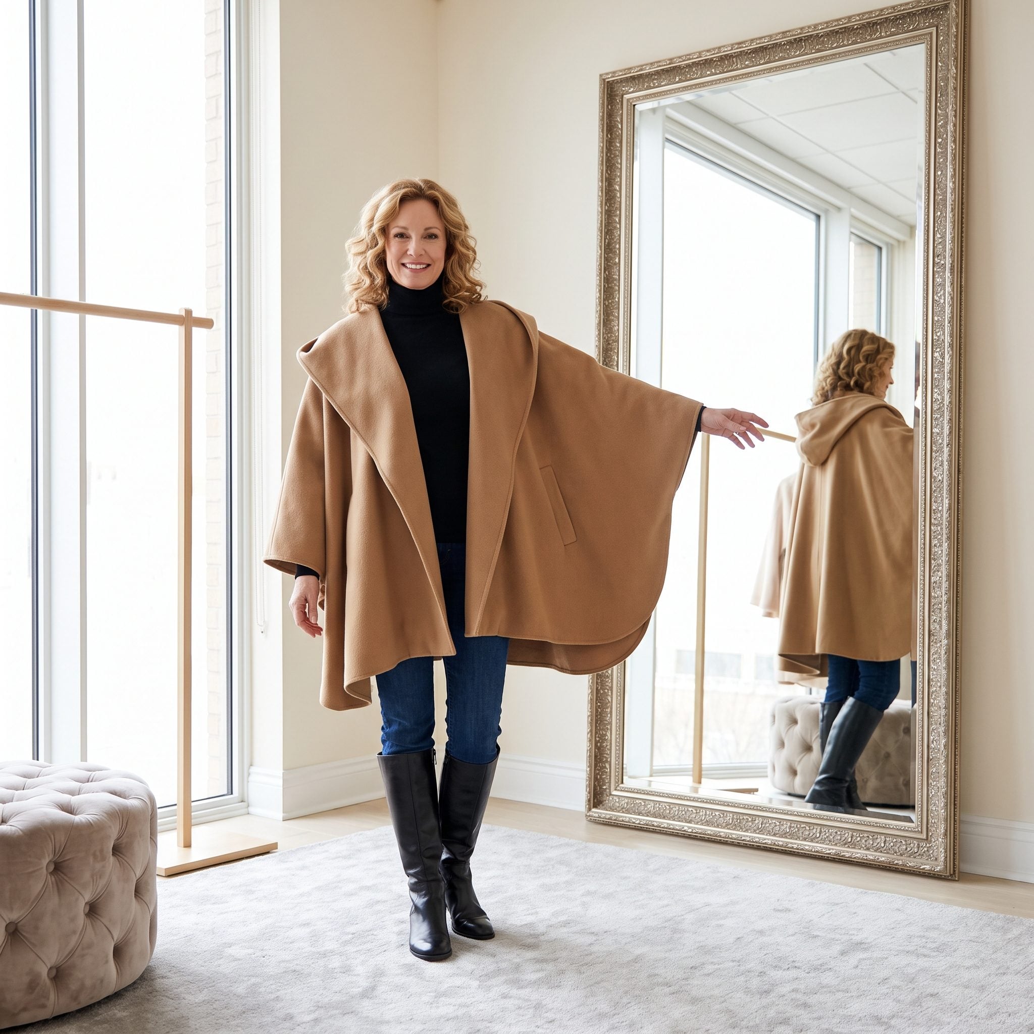 Dramatic Cape + Jeans + Turtleneck