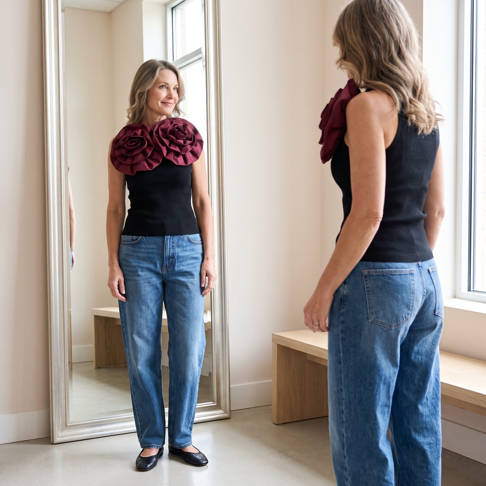 Dramatic Rosette Top + Loose Jeans