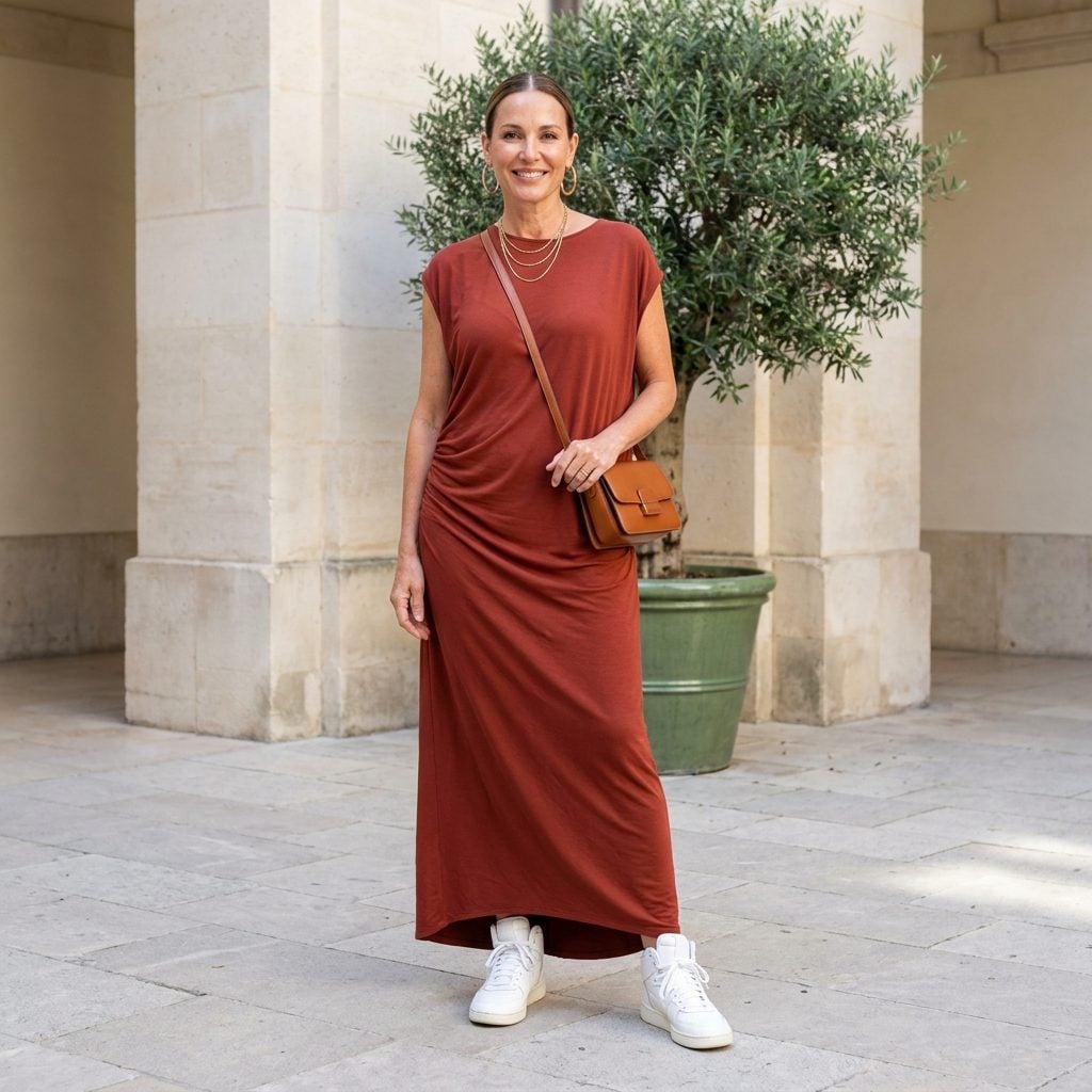 Woman in a terracotta draped jersey maxi dress with bulky white basketball high-tops rising above the ankle.