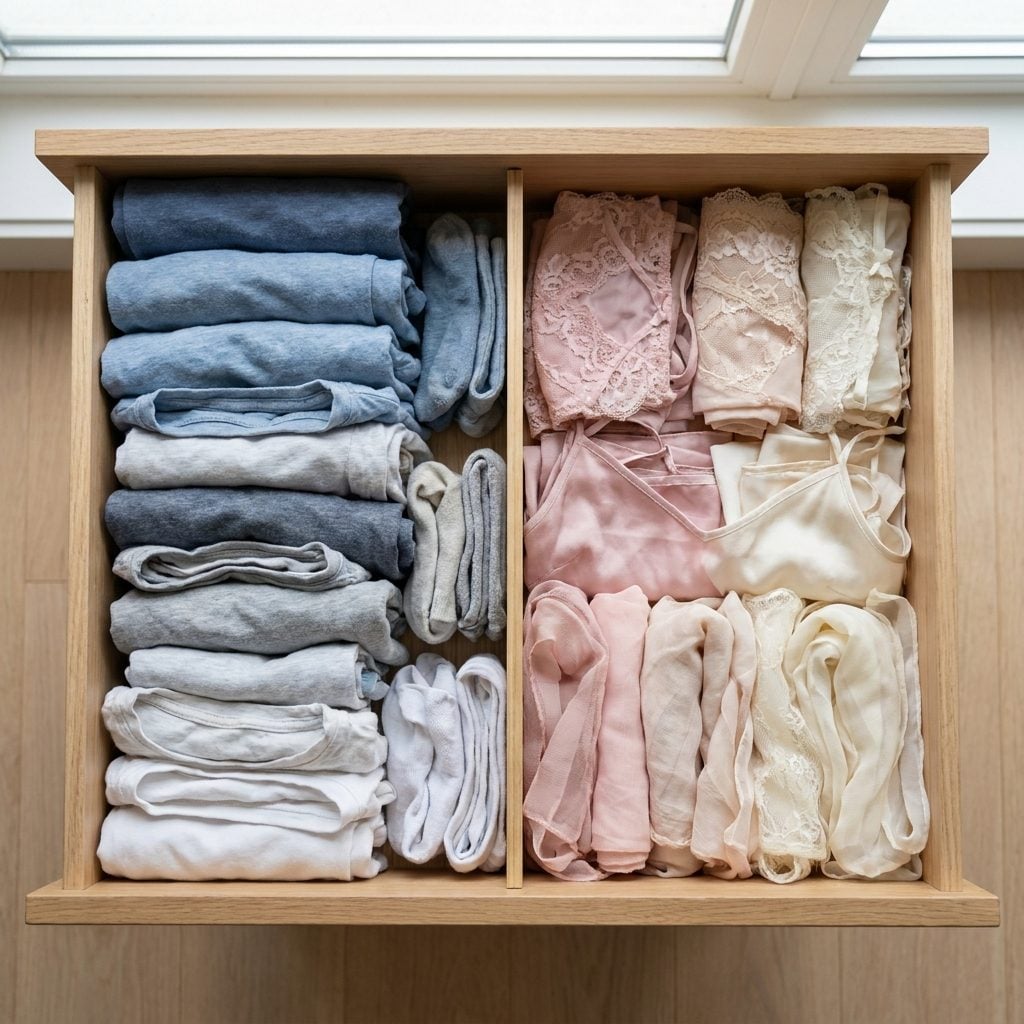 Open drawer split by a divider with folded cotton pairs on the left and lace and silk pieces on the right.
