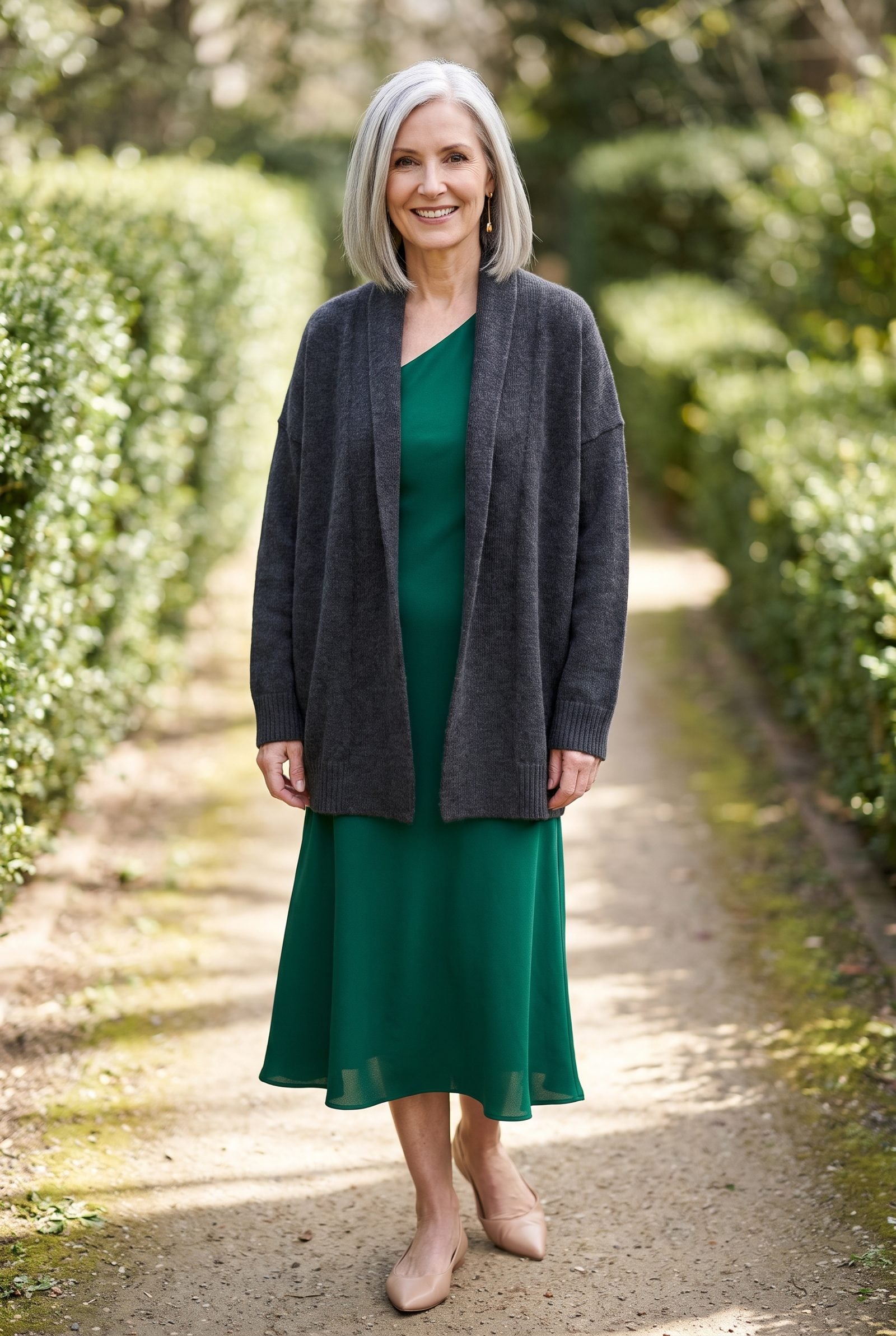 Woman in an emerald one-shoulder dress under a charcoal drop-shoulder cardigan whose collar covers the bare shoulder and