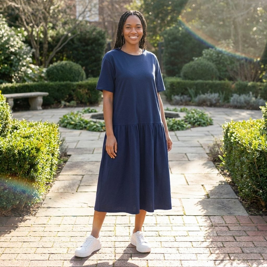 Woman in an olive drop-waist midi dress wearing thick white platform sneakers with a two-inch sole.