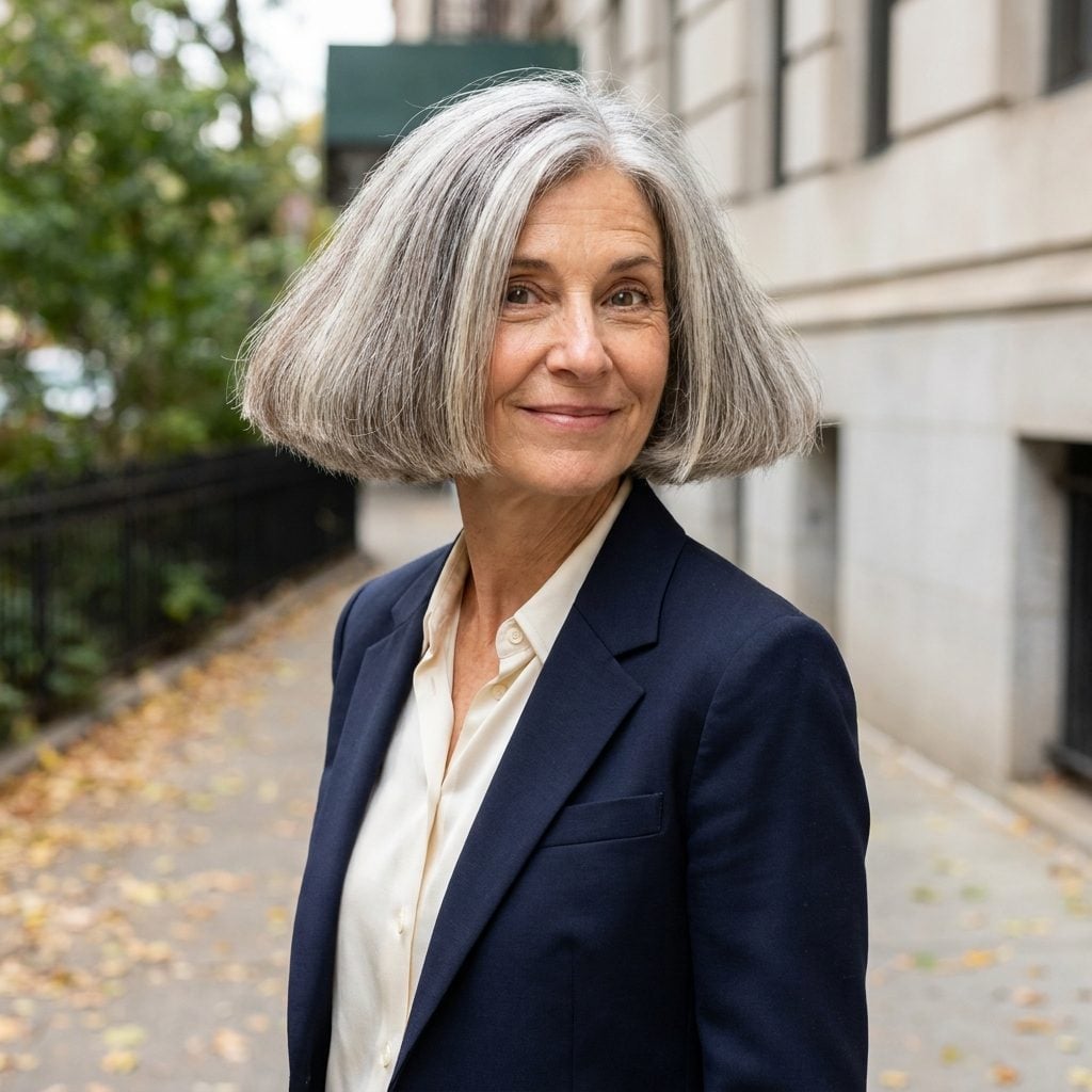 Woman in a rust sweater with a bob whose fullest volume sits level with her ears forming a horizontal line.