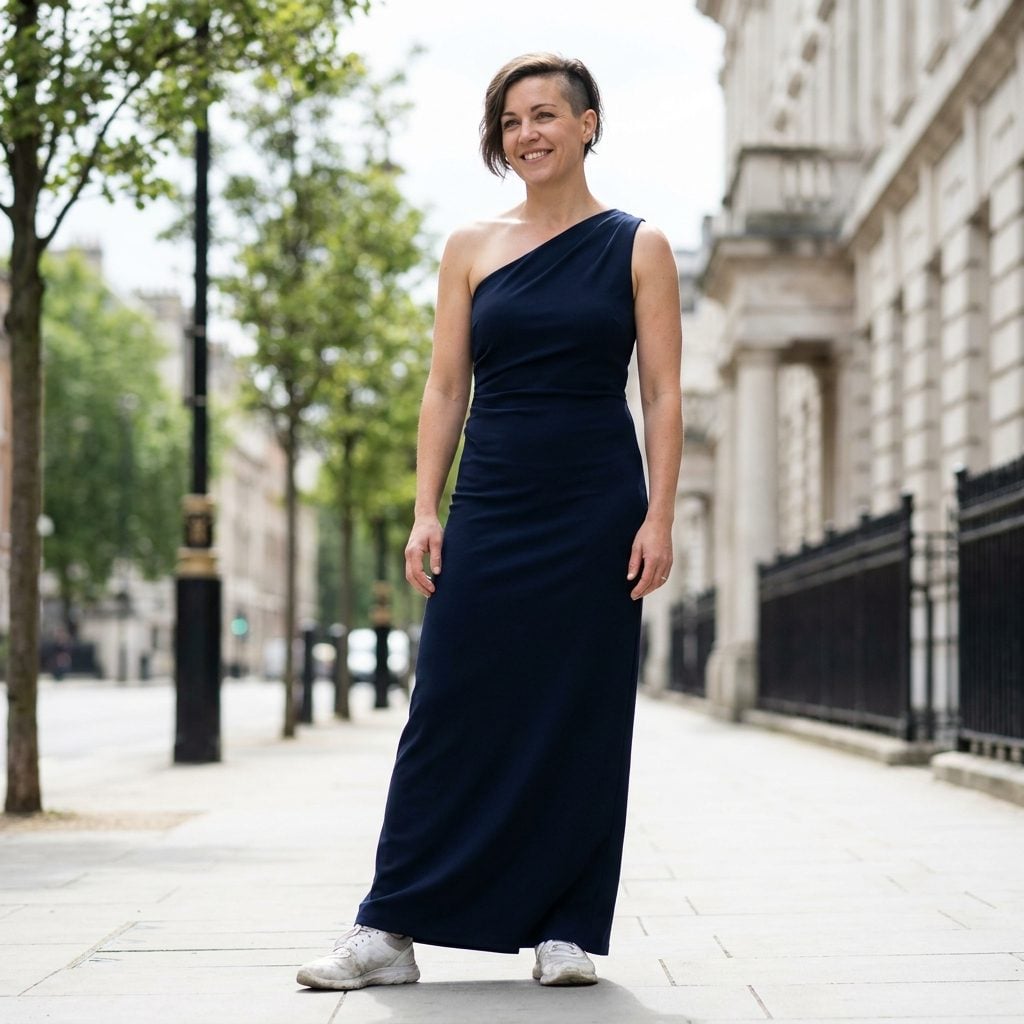 Woman in a dusty rose one-shoulder satin dress with white mesh performance running trainers.