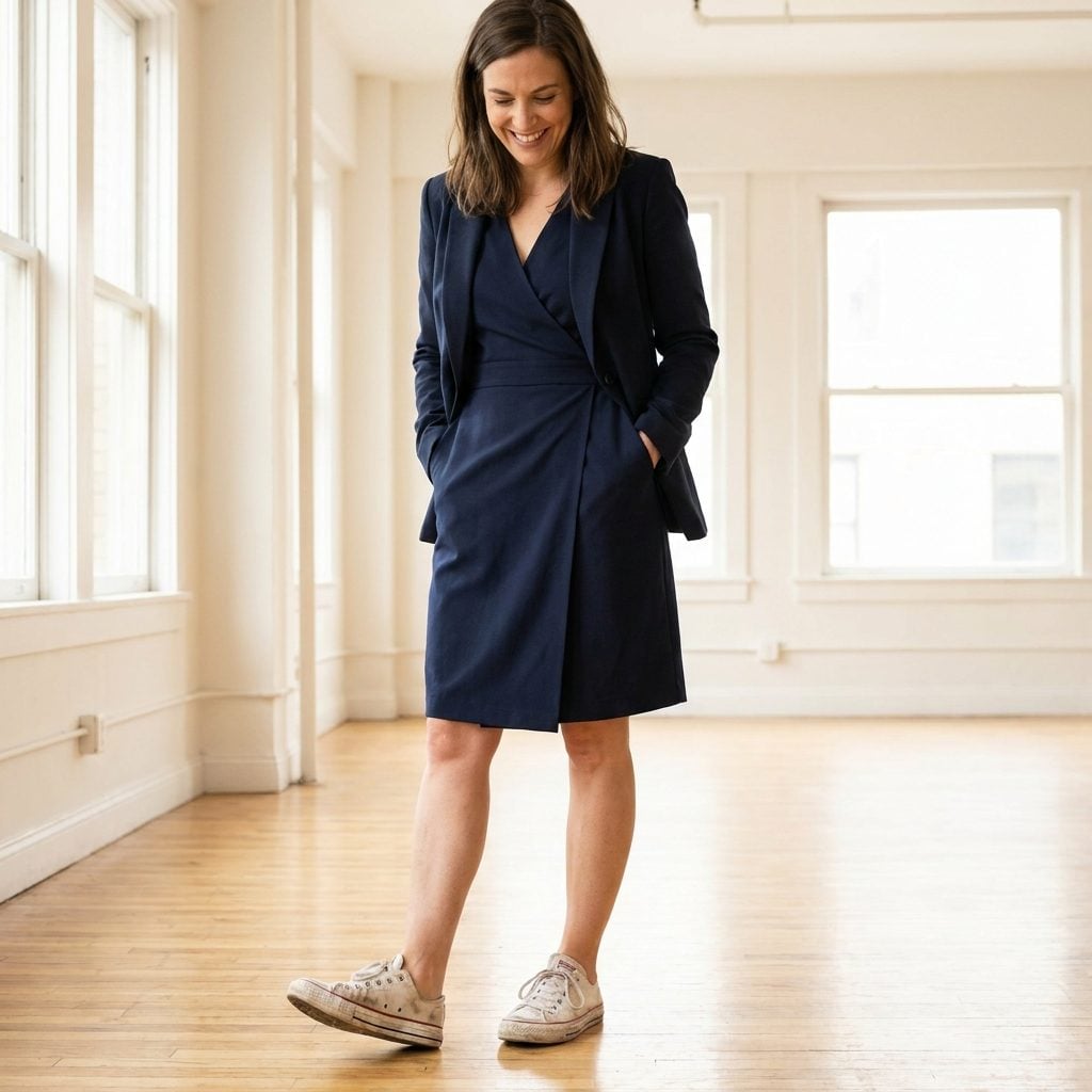 Elegant Wrap Dress + Dirty White Sneakers