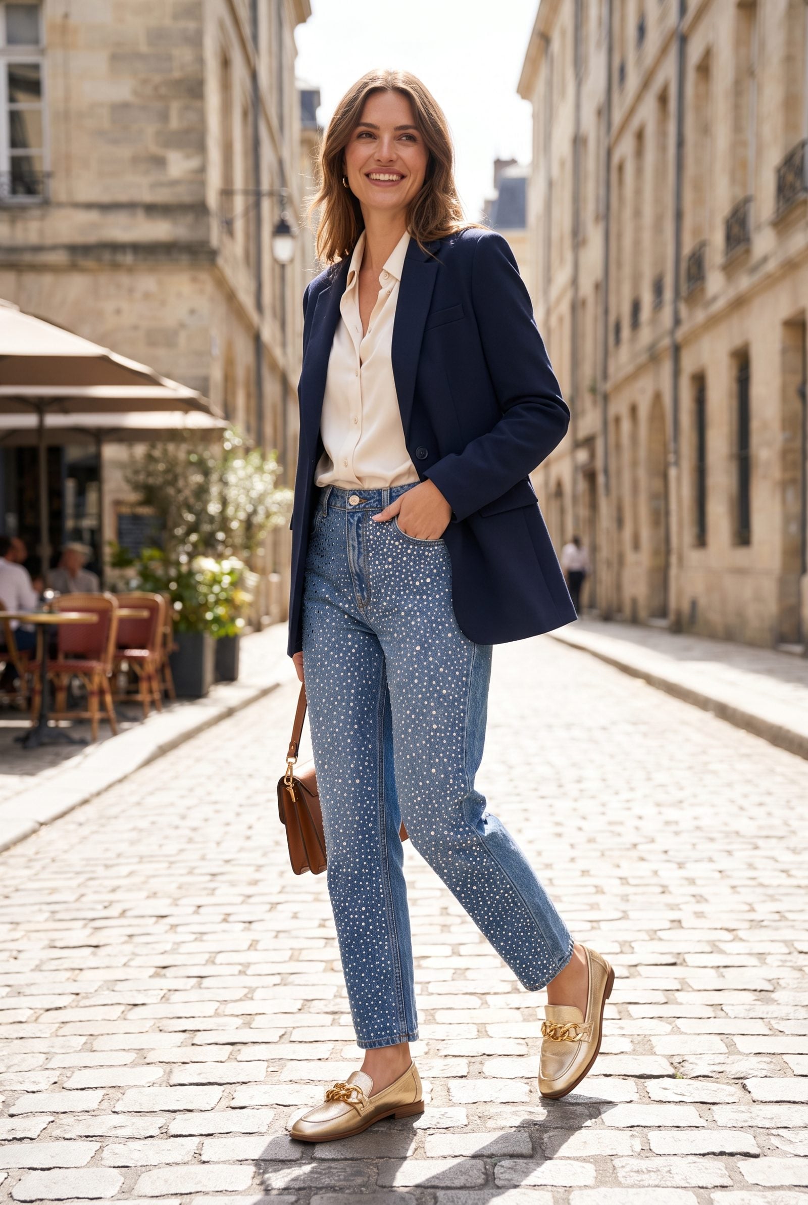 Woman in crystal-embellished dark jeans and gold-chain loafers, two decorative pieces competing at once.