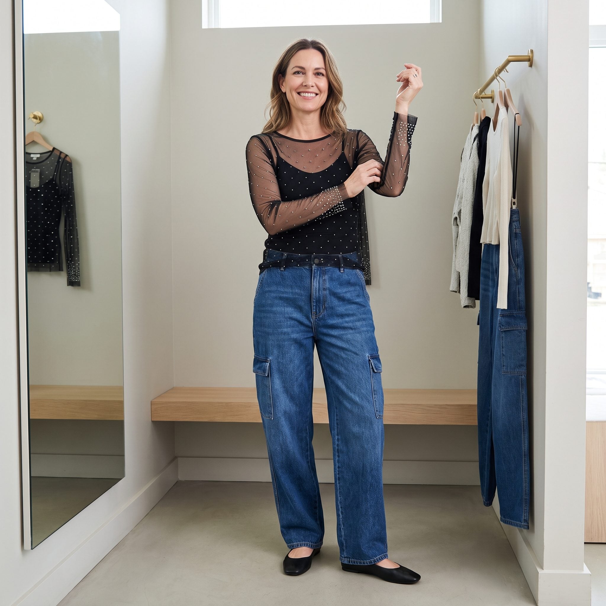 Embellished Mesh Top + Cargo Jeans