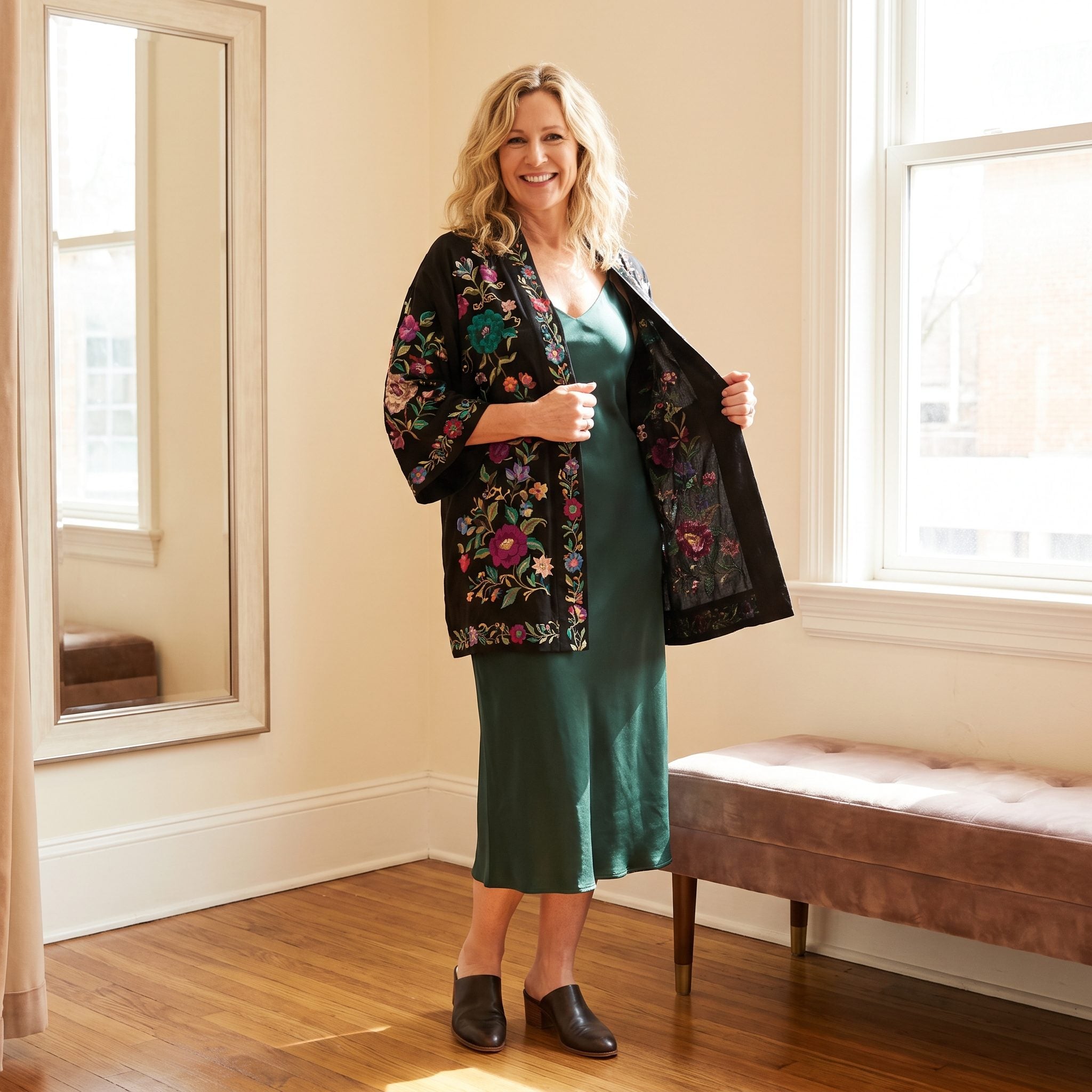 Embroidered Kimono Jacket + Slip Dress