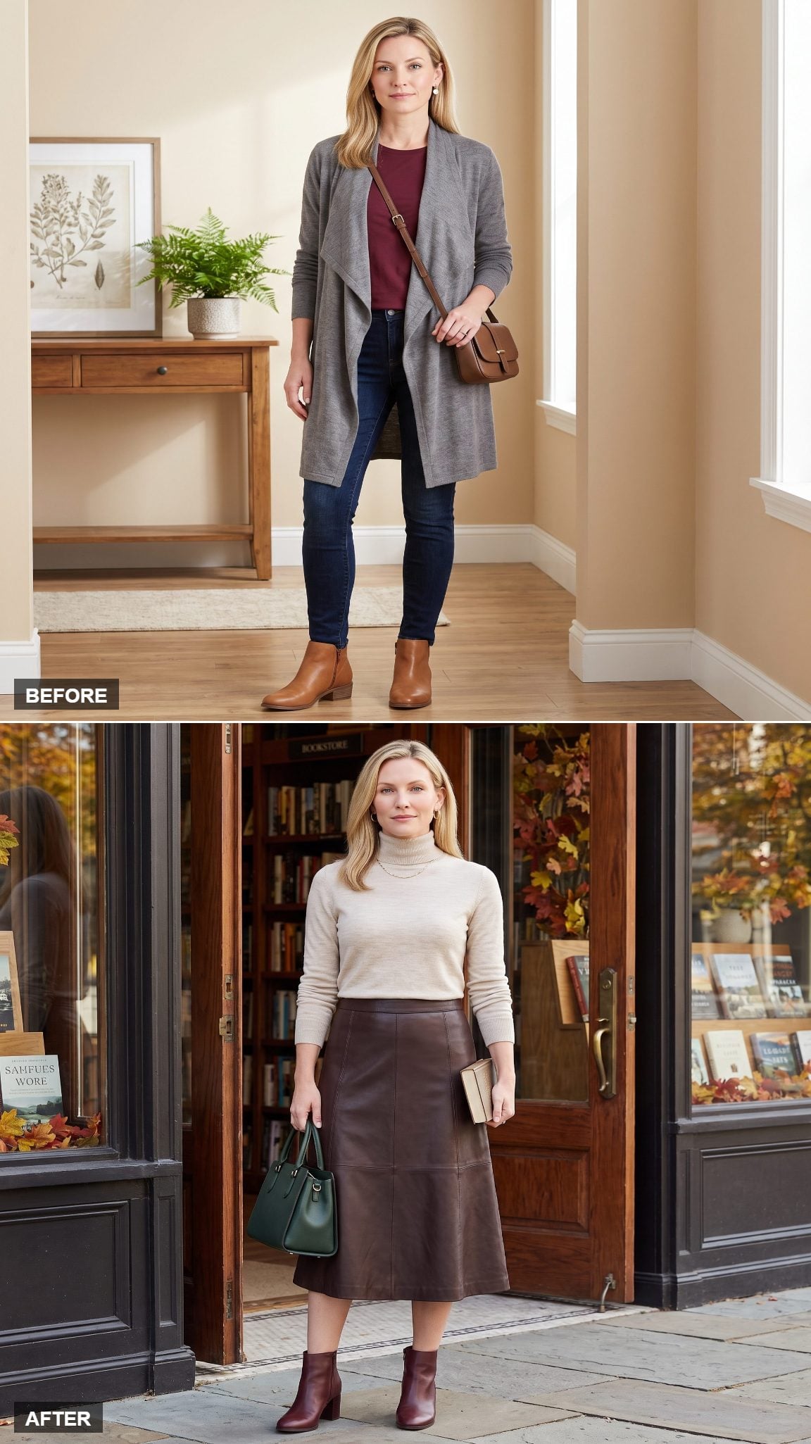 Espresso Leather Skirt and a Soft Oatmeal Turtleneck