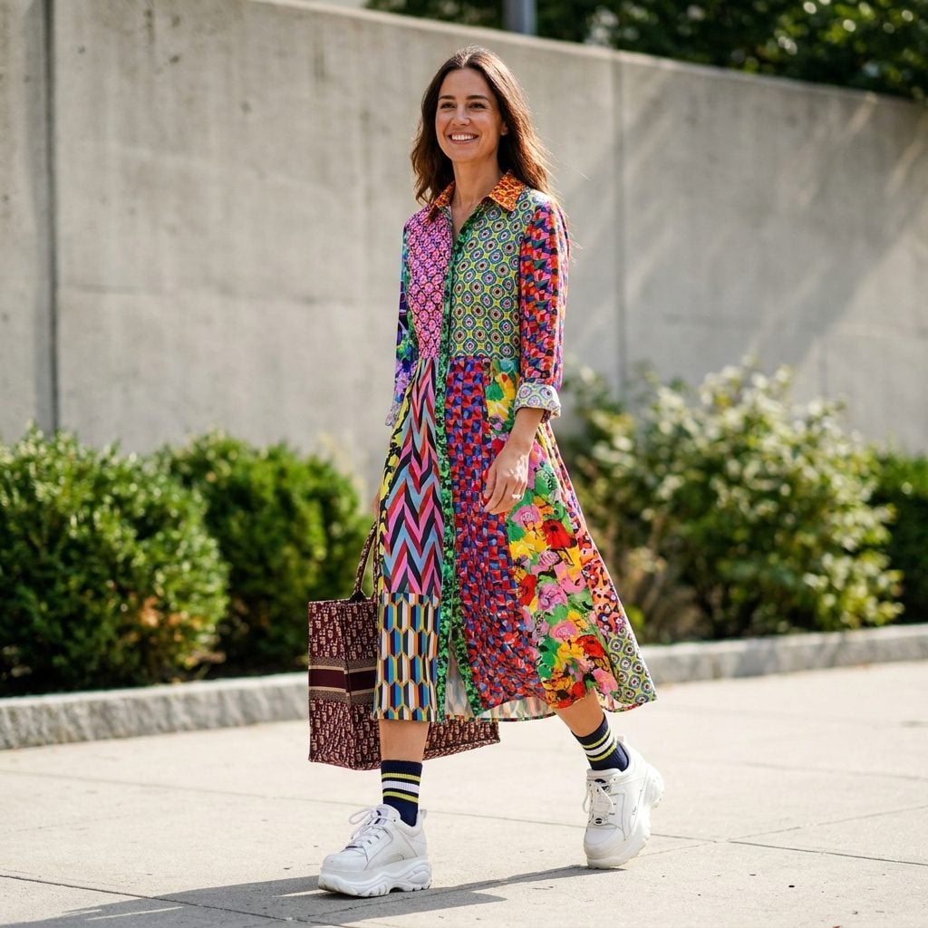 Everything Competing at Once, Printed Midi, Chunky Sneakers, and Thick Athletic Socks