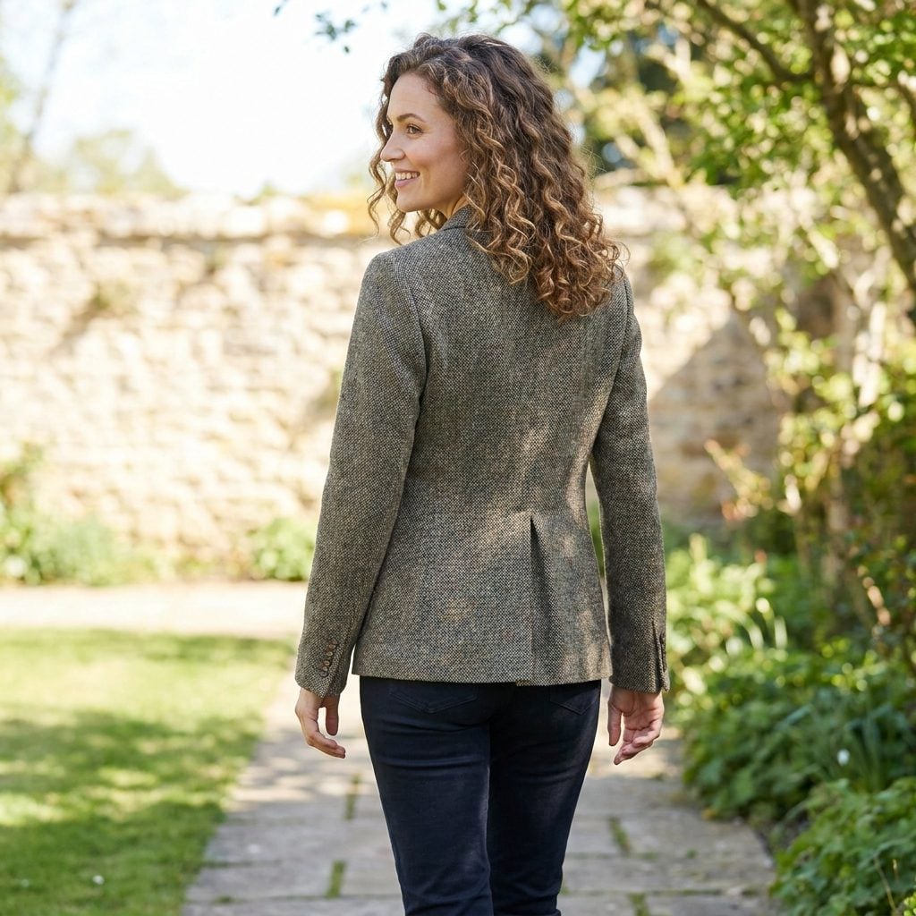Woman in an oatmeal linen blazer seen from behind, surplus fabric pooling in folds across the back.
