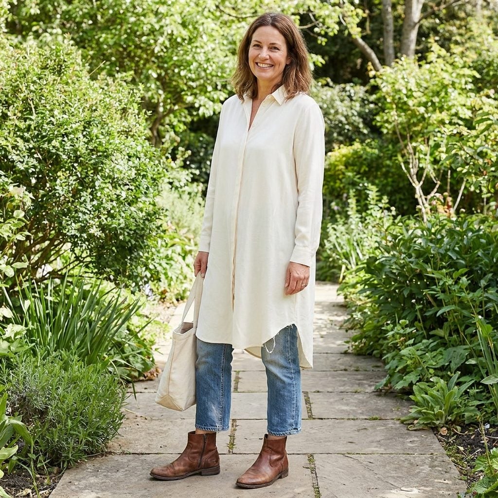 Woman in a long rust tunic over low-rise jeans and black ankle boots, a short section of leg visible below the hem.