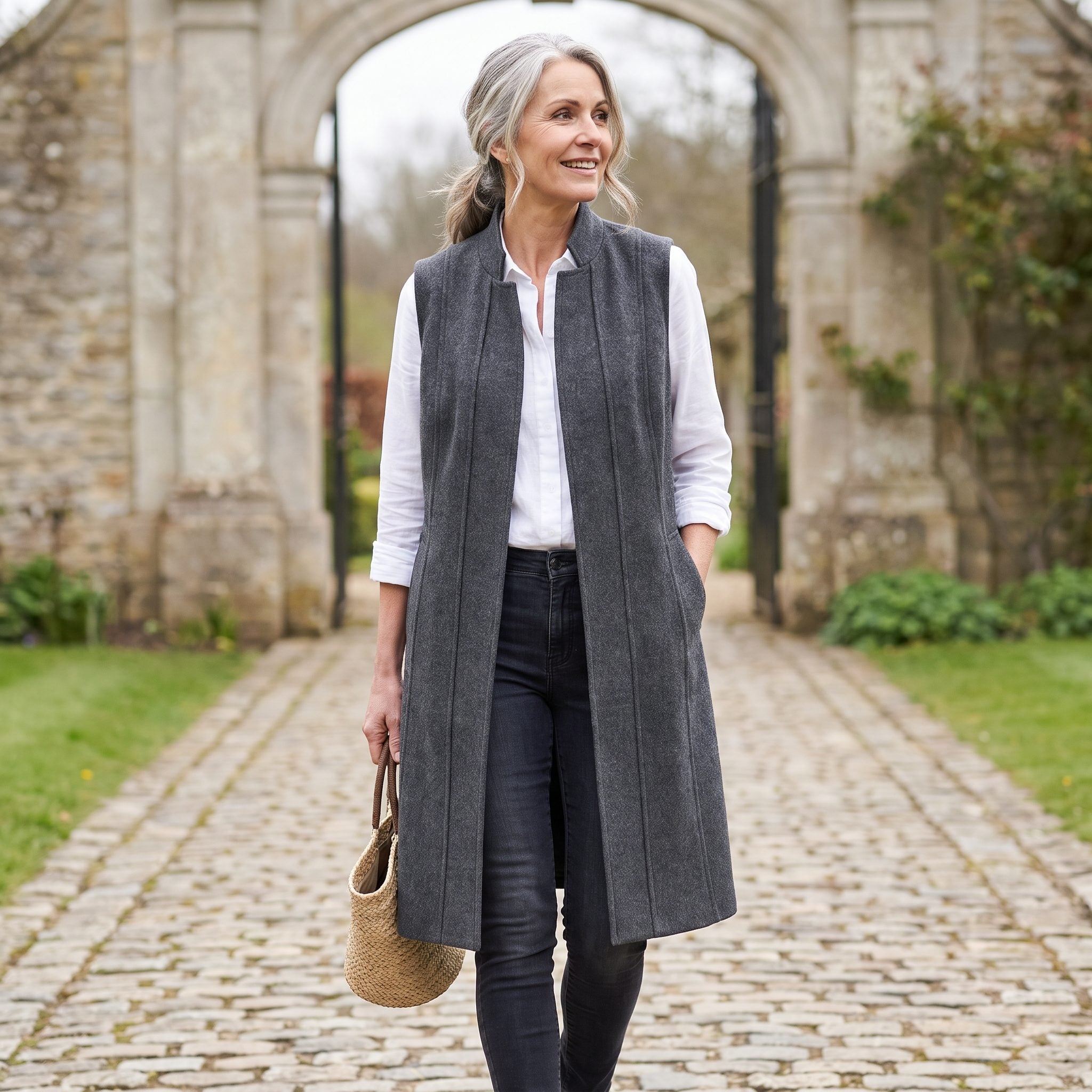 Woman in medium-blue skinny jeans and a white crewneck under a knee-length open black vest hanging in two long panels.