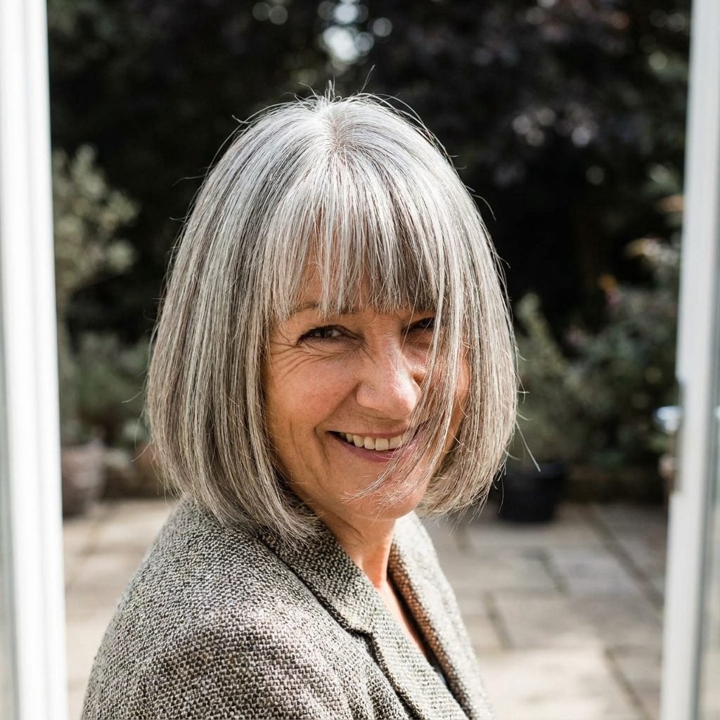 Woman with a black chin-length bob and a heavy fringe falling to her lower lash line.