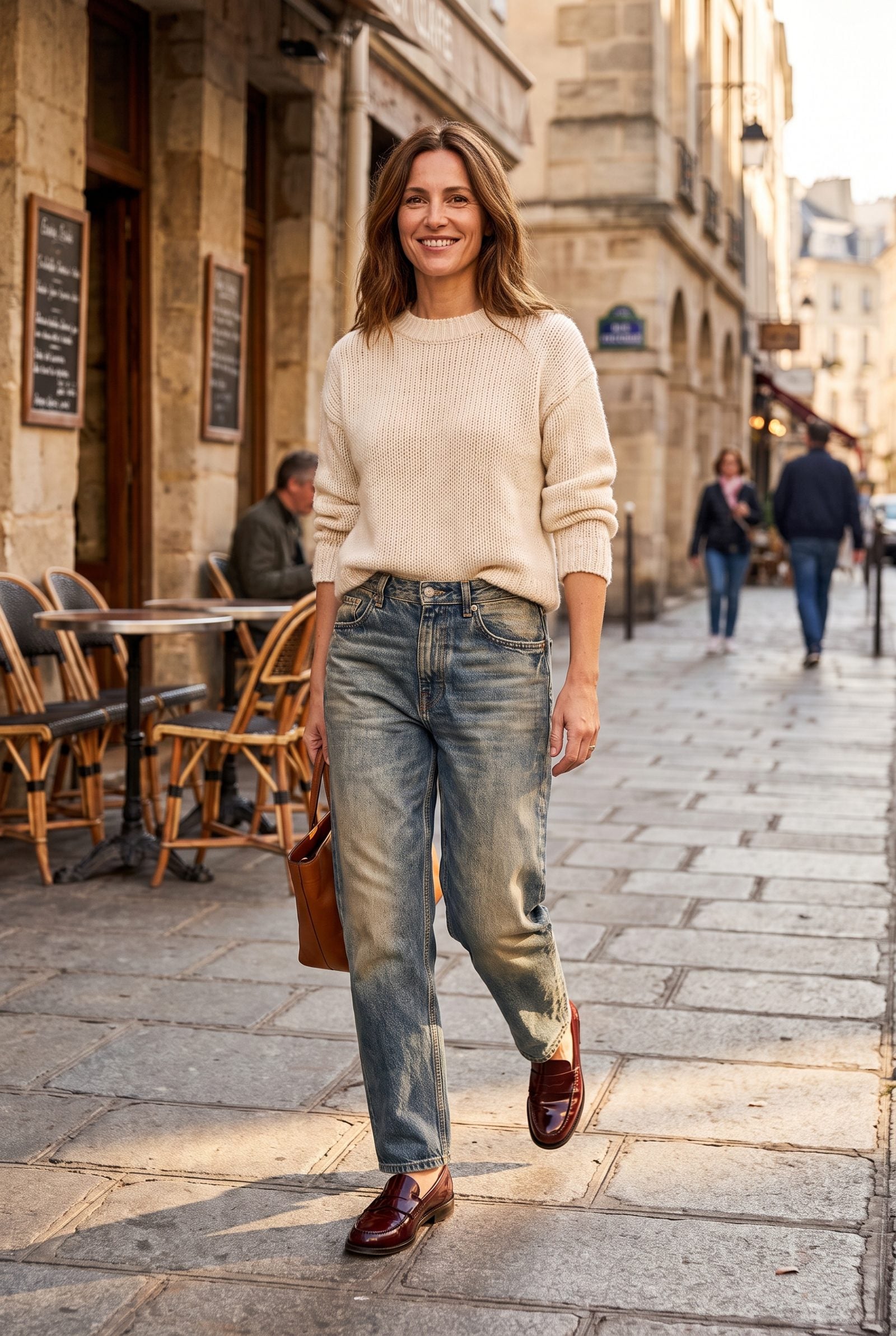 Woman in faded relaxed dad jeans and glossy burgundy patent dress loafers, casual denim against formal shine.