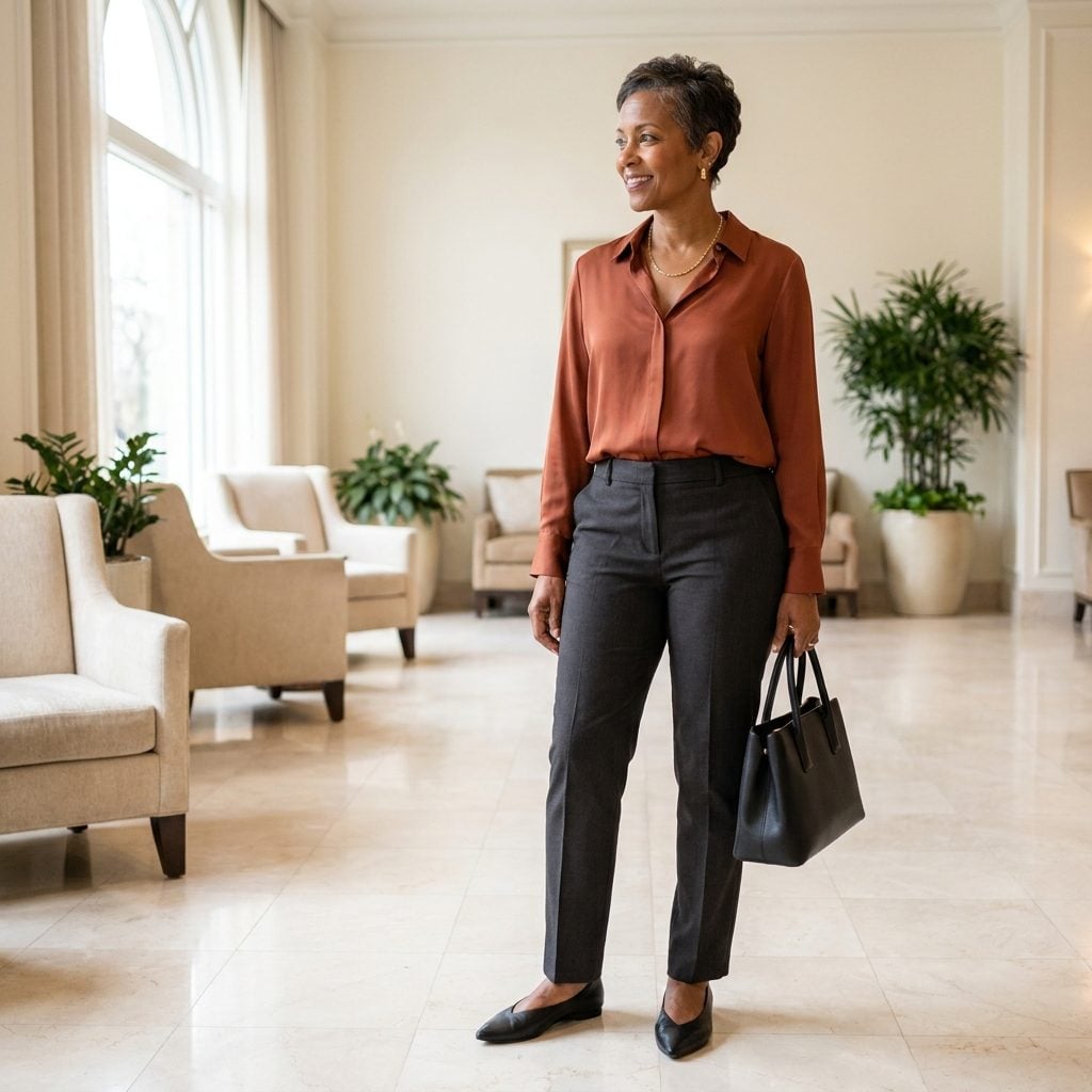 Woman aged 50 with a natural pixie cut and rust silk blouse, hair falling realistically with a slight cowlick.