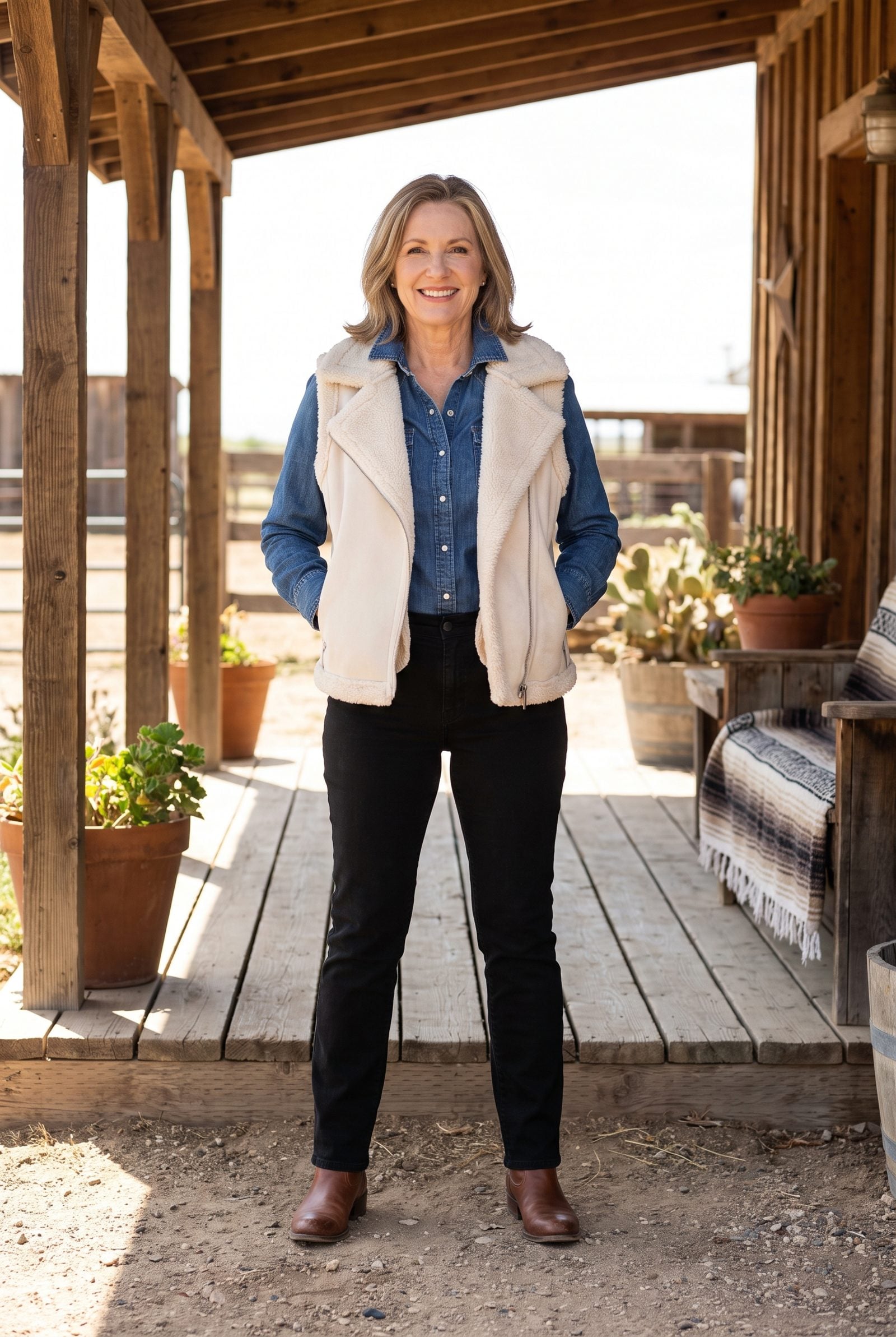 Faux-Shearling Vest Over a Denim Shirt and Black Jeans