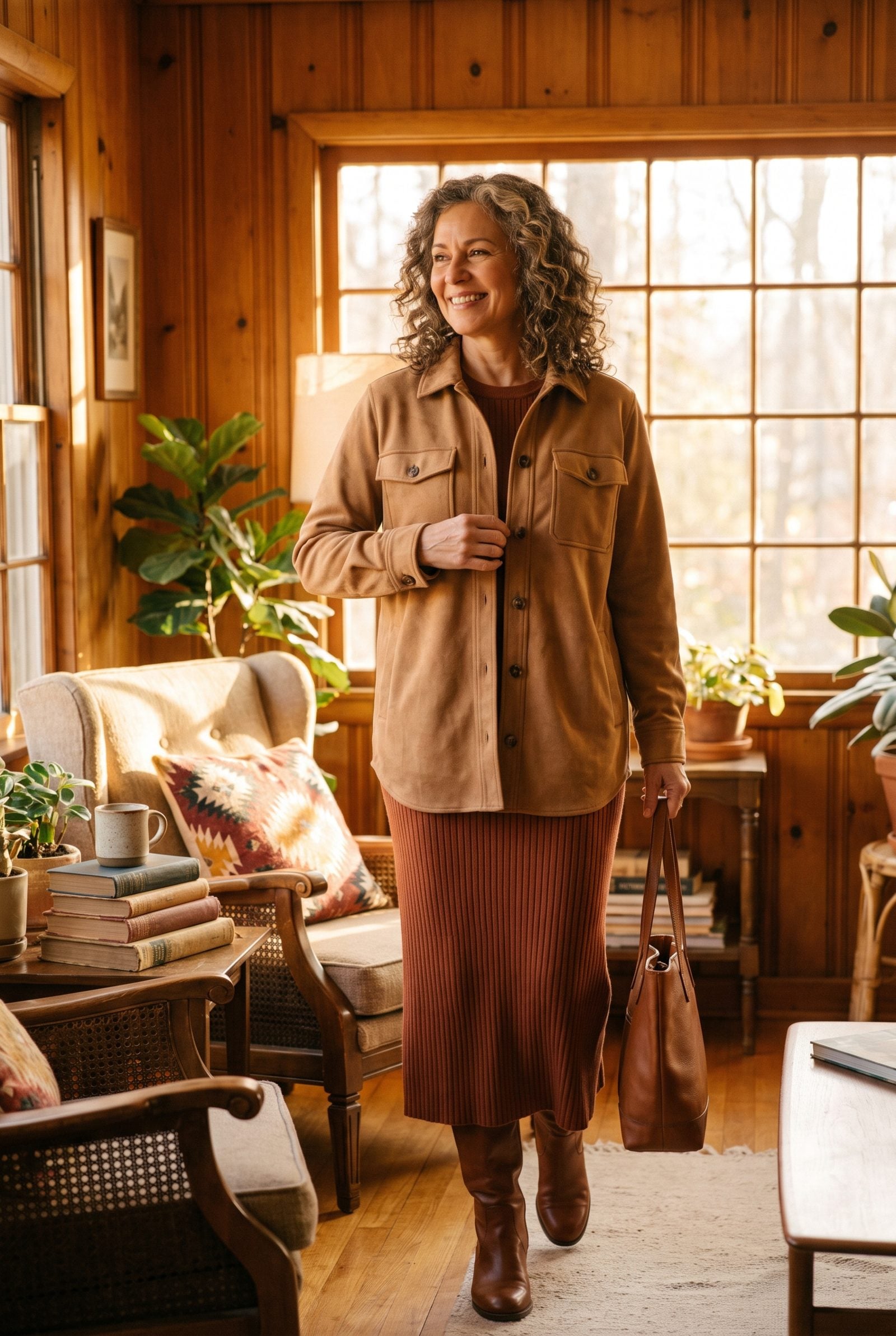 Faux-Suede Shacket Over a Tonal Knit Dress