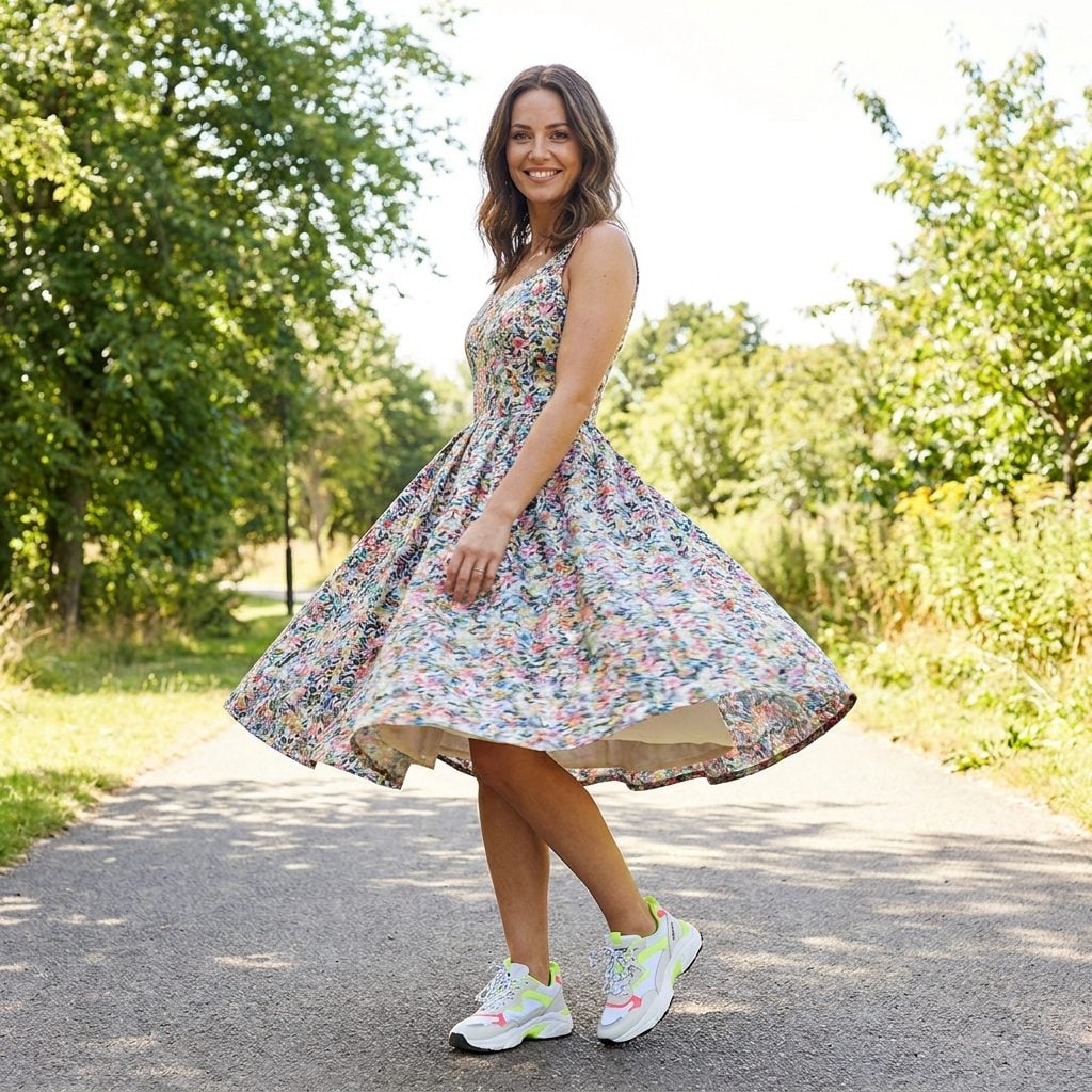 Woman in an emerald fit-and-flare party dress wearing chunky white-and-beige dad sneakers.