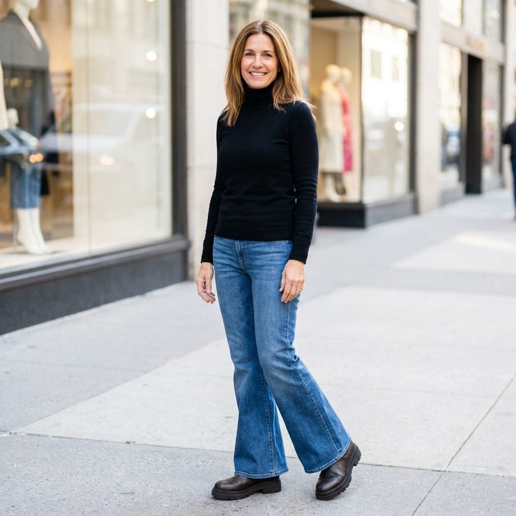 Woman in flared jeans and black turtleneck over bulky round-toe lug-sole ankle boots fanning wide at the hem.