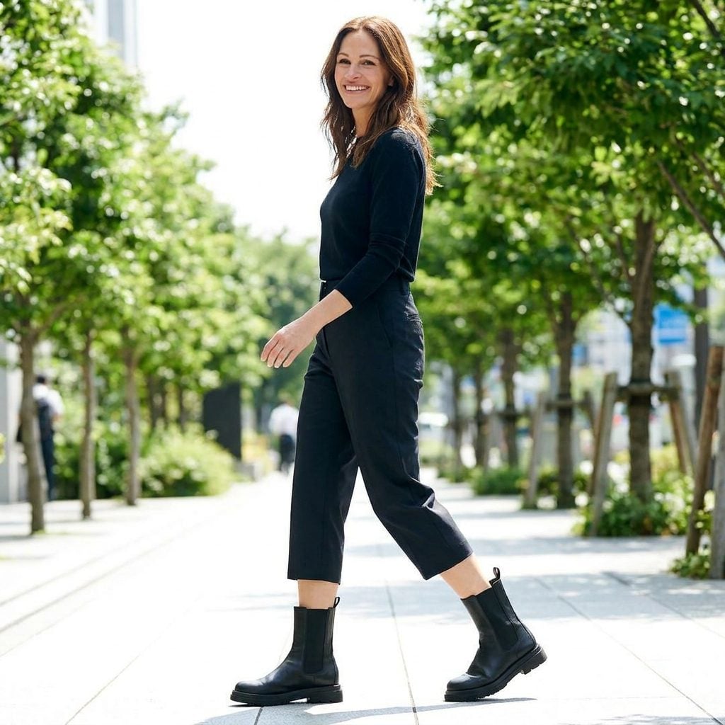 Woman in extreme high-crop jeans with a long stretch of bare lower leg above flat chunky black boots.