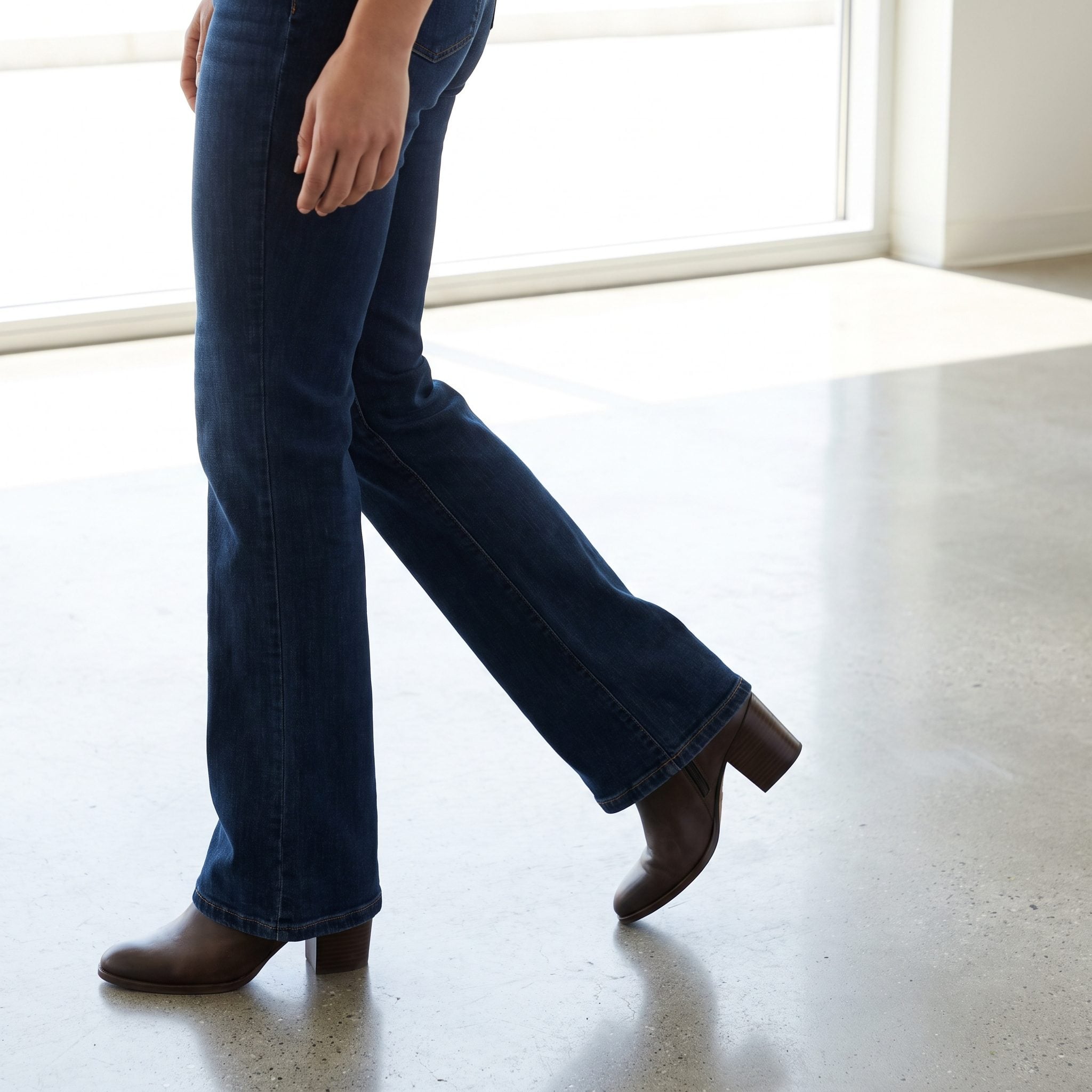 Floor-Length Bootcut Jeans + Heeled Ankle Boots