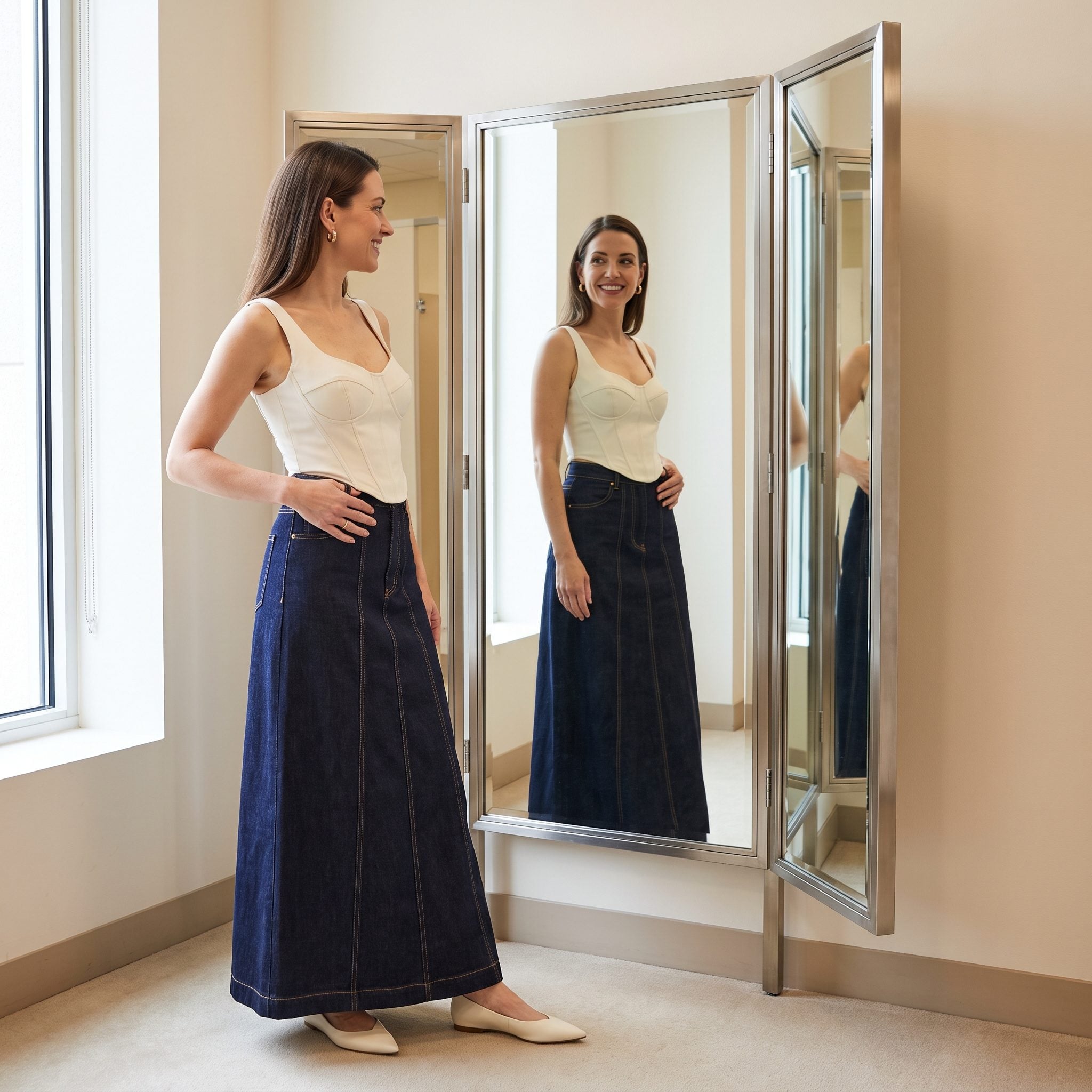 Floor-Length Denim Skirt + Structured Bustier