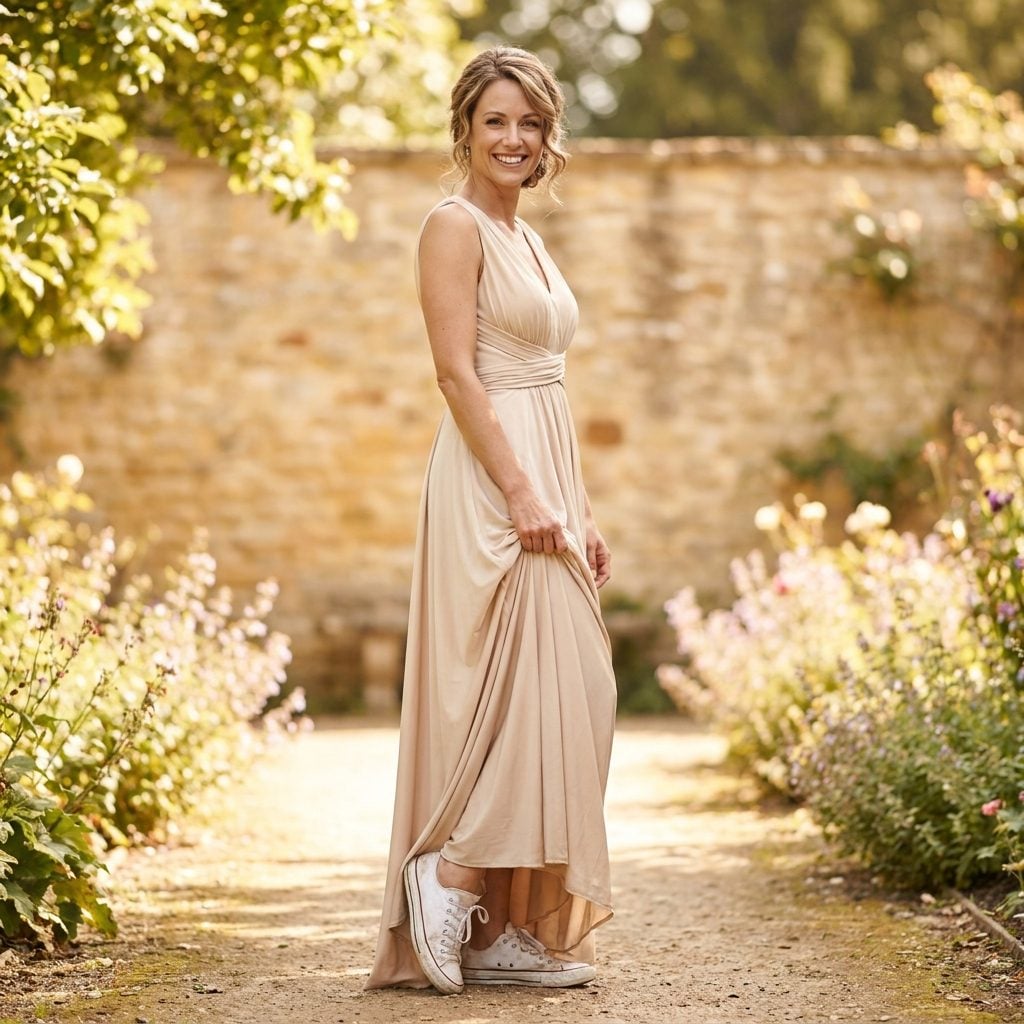Floor-Length Evening Dress + Casual White Canvas Sneakers